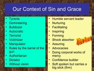 Our Context of Sin and Grace Tyrants Domineering Bulldozer  Autocratic Terrorist  Victimizer Manipulator  Rules by the barrel of the gun Authoritarian Dictator Without vision Humble servant leader Nurturing Facilitating  Inspiring Forming  Shock absorber Assuring Advocacies Doing corporal works of mercy Confidence builder Soft spoken but carries a big stick (firm) The End 