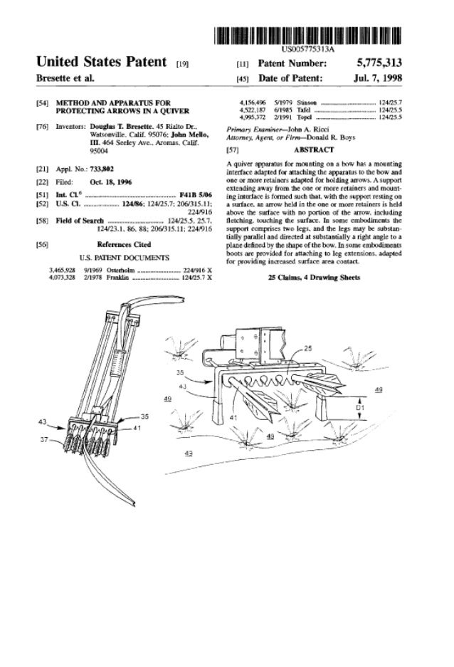 34   douglas t. bresette - 5775313 - method and apparatus for protecting arrows in a quiver