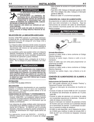 A-3INSTALACIÓNA-3
SELECCIÓN DE LA UBICACIÓN ADECUADA
Invertec V350-PRO operará en ambientes adversos.
A pesar de ello, es importante seguir simples medidas
preventivas a fin de asegurar una larga vida y
operación confiable.
• La máquina debe colocarse donde exista circulación
libre de aire limpio, de manera que no se restringa el
movimiento del mismo en las partes posterior,
inferior y laterales.
• La suciedad y polvo que puedan entrar a la máquina
deberán mantenerse al mínimo. Ignorar estas pre-
cauciones puede dar como resultado temperaturas
excesivas de operación y paros molestos.
• Mantega la máquina seca, protegida de la lluvia y
nieve. No la coloque en pisos húmedos o en char-
cos.
• NO MONTE SOBRE SUPERFICIES CON COMBUSTIBLE.
Cuando hay una superficie con combustible directa-
mente debajo de la estación o de equipo eléctrico fijo,
dicha superficie deberá ser cubierta con una placa de
acero de por lo menos 0.06”(1.6mm) de grosor, la cual
no deberá ser mayor que 5.90”(150mm) que el equipo
en todos sus lados.
------------------------------------------------------------------------
ESTIBACIÓN
La V350-PRO no debe estibarse.
INCLINACIÓN
Coloque la máquina directamente en una superficie
segura y nivelada o en un carro de transporte
recomendado. La máquina puede caerse si no se
sigue este procedimiento.
CONEXIONES DE ENTRADA Y ATERRIZAMIENTO
• Sólo un eléctricista calificado deberá conectar
Invertec V350-PRO. La instalación deberá hacerse
conforme al Código Eléctrico Nacional de los E.U.A.,
todos los códigos locales y la información que se
detalla a continuación.
• Las máquinas de voltaje múltiple están internamente
conectadas para 460VCA cuando se reciben directa-
mente de la fábrica. Si 460VCA son la entrada
deseada, entonces la máquina puede conectarse al
sistema de alimentación sin ningún ajuste dentro de
la misma.
• La operación inicial de 200VCA – 415VCA y
575VCA requerirá un ajuste en el panel de voltaje
de entrada.
PRECAUCIONES DE SEGURIDAD
• LA DESCARGA ELÉCTRICA puede
provocar la muerte.
• INTERRUMPA LA ENERGÍA DE
ENTRADA EN EL INTERRUPTOR DE
DESCONEXIÓN ANTES DE INTENTAR
CONECTAR O DESCONECTAR LAS
LÍNEAS DE ENERGÍA DE ALIMENTACIÓN, CABLES
DE SALIDA O CABLES DE CONTROL.
• Esta instalación sólo deberá ser realizada por per-
sonal calificado.
• Conecte el cable verde del cable de alimentación a
tierra conforme al Código Eléctrico Nacional de los
E.U.A.
----------------------------------------------------------------------
ADVERTENCIA
• Abra el panel de acceso en la parte posterior de la
máquina.
• Para 200 ó 230: Coloque el interruptor grande en 200-
230. Para voltajes más altos: Coloque el interruptor
grande en 380-575.
• Mueva el cable “A” a la terminal apropiada.
CONEXIÓN DEL CABLE DE ALIMENTACIÓN
Se proporciona un cable de alimentación de 3.0m (10
pies) que está conectado a la máquina. Siga las
instrucciones de conexión del cable de alimentación.
Una conexión incorrecta puede dar como resultado
daños al equipo.
• Una conexión incorrecta puede dañar el equipo.
-----------------------------------------------------------------------
Entrada Monofásica
Conecte el cable verde a tierra conforme al Código
Eléctrico Nacional .
Conecte el cable negro, blanco o café a la ali-
mentación.
Cubra el cable rojo con cinta para proporcionar un
aislamiento de 600V.
Entrada Trifásica
Conecte el cable verde a tierra conforme el Código
Eléctrico Nacional .
Conecte los cables negro, rojo y blanco a la ali-
mentación.
CONEXIÓN DE ALIMENTADORES DE ALAMBRE A
V350-PRO
Instrucciones de Conexión de LN-7
LN-7 sólo puede utilizarse con la versión “Factory” y
“Advanced Process” de la 350-Pro.
• Coloque el interruptor de encendido de Invertec en
“off”.
• Conecte el Cable de Control K480 de LN-7 al conector
de amphenol del alimentador de alambre de 14 pines
estilo MS.
• Conecte el cable del electrodo a la terminal de salida
con la polaridad requerida por el electrodo. Conecte el
cable de trabajo a la otra terminal.
• Ajuste el interruptor de medición de polaridad al frente
de Invertec para que coincida con la polaridad utilizada
por el alimentador de alambre. El alimentador de alam-
bre no mostrará el voltaje de soldadura.
• Si K480 no está disponible, vea el diagrama de conex-
ión S19404 para modificar el cable de entrada K291 ó
K404 de LN-7 con el Enchufe de Adaptador Universal
K867.
WARN
ING
REMOT
E
POWE
R
OFF
ON
A
AMP
S
A
V
VOL
TS
WELD
TERM
INALS
SELE
CT
OUT
PUTLIN
CO
LNELE
CTR
IC
IN
VE
RT
EC
V3
50
-P
RO
WA
RN
ING
WA
RN
ING
AV
ISO
DE
PR
EC
AU
CIO
N
AT
TE
NT
IO
N
!
!
!
!
Lorem
ipsum
dolor
sit
amet
conse
ctetue
r
adipis
cing
Lorem
ipsum
dolor
sit
amet
conse
ctetue
r
adipis
cing
elit,
ed
diam
nonum
my
nibh
euism
od
tincidu
nt
ut
elit,
ed
diam
nonum
my
nibh
euism
od
tincidu
nt
ut
laoree
t
dolore
magna
aliqua
m
erat
laoree
t
dolore
magna
aliqua
m
erat
Lorem
ipsum
dolor
sit
amet
conse
ctetue
r
adipis
cing
Lorem
ipsum
dolor
sit
amet
conse
ctetue
r
adipis
cing
elit,
ed
diam
nonum
my
nibh
euism
od
tincidu
nt
ut
elit,
ed
diam
nonum
my
nibh
euism
od
tincidu
nt
ut
laoree
t
dolore
magna
aliqua
m
erat
laoree
t
dolore
magna
aliqua
m
erat
Lorem
ipsum
dolor
sit
amet
conse
ctetue
r
adipis
cing
Lorem
ipsum
dolor
sit
amet
conse
ctetue
r
adipis
cing
elit,
ed
diam
nonum
my
nibh
euism
od
tincidu
nt
ut
elit,
ed
diam
nonum
my
nibh
euism
od
tincidu
nt
ut
laoree
t
dolore
magna
aliqua
m
erat
laoree
t
dolore
magna
aliqua
m
erat
Lorem
ipsum
dolor
sit
amet
conse
ctetue
r
adipis
cing
Lorem
ipsum
dolor
sit
amet
conse
ctetue
r
adipis
cing
elit,
ed
diam
nonum
my
nibh
euism
od
tincidu
nt
ut
elit,
ed
diam
nonum
my
nibh
euism
od
tincidu
nt
ut
laoree
t
dolore
magna
aliqua
m
erat
laoree
t
dolore
magna
aliqua
m
erat
Lorem
ipsum
dolor
sit
amet
conse
ctetue
r
adipis
cing
Lorem
ipsum
dolor
sit
amet
conse
ctetue
r
adipis
cing
elit,
ed
diam
nonum
my
nibh
euism
od
tincidu
nt
ut
elit,
ed
diam
nonum
my
nibh
euism
od
tincidu
nt
ut
laoree
t
dolore
magna
aliqua
m
erat
laoree
t
dolore
magna
aliqua
m
erat
Lorem
ipsum
dolor
sit
amet
conse
ctetue
r
adipis
cing
Lorem
ipsum
dolor
sit
amet
conse
ctetue
r
adipis
cing
elit,
ed
diam
nonum
my
nibh
euism
od
tincidu
nt
ut
elit,
ed
diam
nonum
my
nibh
euism
od
tincidu
nt
ut
laoree
t
dolore
magna
aliqua
m
erat
laoree
t
dolore
magna
aliqua
m
erat
Lorem
ipsum
dolor
sit
amet
conse
ctetue
r
adipis
cing
Lorem
ipsum
dolor
sit
amet
conse
ctetue
r
adipis
cing
elit,
ed
diam
nonum
my
nibh
euism
od
tincidu
nt
ut
elit,
ed
diam
nonum
my
nibh
euism
od
tincidu
nt
ut
laoree
t
dolore
magna
aliqua
m
erat
laoree
t
dolore
magna
aliqua
m
erat
Lorem
ipsum
dolor
sit
amet
conse
ctetue
r
adipis
cing
Lorem
ipsum
dolor
sit
amet
conse
ctetue
r
adipis
cing
elit,
ed
diam
nonum
my
nibh
euism
od
tincidu
nt
ut
elit,
ed
diam
nonum
my
nibh
euism
od
tincidu
nt
ut
laoree
t
dolore
magna
aliqua
m
erat
laoree
t
dolore
magna
aliqua
m
erat
Lorem
ipsum
dolor
sit
amet
conse
ctetue
r
adipis
cing
Lorem
ipsum
dolor
sit
amet
conse
ctetue
r
adipis
cing
elit,
ed
diam
nonum
my
nibh
euism
od
tincidu
nt
ut
elit,
ed
diam
nonum
my
nibh
euism
od
tincidu
nt
ut
laoree
t
dolore
magna
aliqua
m
erat
laoree
t
dolore
magna
aliqua
m
erat
Lorem
ipsum
dolor
sit
amet
conse
ctetue
r
adipis
cing
Lorem
ipsum
dolor
sit
amet
conse
ctetue
r
adipis
cing
elit,
ed
diam
nonum
my
nibh
euism
od
tincidu
nt
ut
elit,
ed
diam
nonum
my
nibh
euism
od
tincidu
nt
ut
laoree
t
dolore
magna
aliqua
m
erat
laoree
t
dolore
magna
aliqua
m
erat
Lorem
ipsum
dolor
sit
amet
conse
ctetue
r
adipis
cing
Lorem
ipsum
dolor
sit
amet
conse
ctetue
r
adipis
cing
elit,
ed
diam
nonum
my
nibh
euism
od
tincidu
nt
ut
elit,
ed
diam
nonum
my
nibh
euism
od
tincidu
nt
ut
laoree
t
dolore
magna
aliqua
m
erat
laoree
t
dolore
magna
aliqua
m
erat
Lorem
ipsum
dolor
sit
amet
conse
ctetue
r
adipis
cing
Lorem
ipsum
dolor
sit
amet
conse
ctetue
r
adipis
cing
elit,
ed
diam
nonum
my
nibh
euism
od
tincidu
nt
ut
elit,
ed
diam
nonum
my
nibh
euism
od
tincidu
nt
ut
laoree
t
dolore
magna
aliqua
m
erat
laoree
t
dolore
magna
aliqua
m
erat
Lorem
ipsum
dolor
sit
amet
conse
ctetue
r
adipis
cing
Lorem
ipsum
dolor
sit
amet
conse
ctetue
r
adipis
cing
elit,
ed
diam
nonum
my
nibh
euism
od
tincidu
nt
ut
elit,
ed
diam
nonum
my
nibh
euism
od
tincidu
nt
ut
laoree
t
dolore
magna
aliqua
m
erat
laoree
t
dolore
magna
aliqua
m
erat
Lore
m
ipsum
dolor
sit
amet
cons
ectet
uer
adipi
scing
Lore
m
ipsum
dolor
sit
amet
cons
ectet
uer
adipi
scing
elit,
ed
diam
nonu
mmy
nibh
euism
od
tincid
unt
ut
elit,
ed
diam
nonu
mmy
nibh
euism
od
tincid
unt
ut
laore
et
dolor
e
magn
a
aliqu
am
erat
laore
et
dolor
e
magn
a
aliqu
am
erat
Lore
m
ipsum
dolor
sit
amet
cons
ectet
uer
adipi
scing
Lore
m
ipsum
dolor
sit
amet
cons
ectet
uer
adipi
scing
elit,
ed
diam
nonu
mmy
nibh
euism
od
tincid
unt
ut
elit,
ed
diam
nonu
mmy
nibh
euism
od
tincid
unt
ut
laore
et
dolor
e
magn
a
aliqu
am
erat
laore
et
dolor
e
magn
a
aliqu
am
erat
Lore
m
ipsum
dolor
sit
amet
cons
ectet
uer
adipi
scing
Lore
m
ipsum
dolor
sit
amet
cons
ectet
uer
adipi
scing
elit,
ed
diam
nonu
mmy
nibh
euism
od
tincid
unt
ut
elit,
ed
diam
nonu
mmy
nibh
euism
od
tincid
unt
ut
laore
et
dolor
e
magn
a
aliqu
am
erat
laore
et
dolor
e
magn
a
aliqu
am
erat
Lore
m
ipsum
dolor
sit
amet
cons
ectet
uer
adipi
scing
Lore
m
ipsum
dolor
sit
amet
cons
ectet
uer
adipi
scing
elit,
ed
diam
nonu
mmy
nibh
euism
od
tincid
unt
ut
elit,
ed
diam
nonu
mmy
nibh
euism
od
tincid
unt
ut
laore
et
dolor
e
magn
a
aliqu
am
erat
laore
et
dolor
e
magn
a
aliqu
am
erat
Lorem
ipsum
dolor
sit
amet
conse
ctetue
r
adipis
cing
Lorem
ipsum
dolor
sit
amet
conse
ctetue
r
adipis
cing
elit,
ed
diam
nonum
my
nibh
euism
od
tincidu
nt
ut
elit,
ed
diam
nonum
my
nibh
euism
od
tincidu
nt
ut
laoree
t
dolore
magna
aliqua
m
erat
laoree
t
dolore
magna
aliqua
m
erat
Lorem
ipsum
dolor
sit
amet
conse
ctetue
r
adipis
cing
Lorem
ipsum
dolor
sit
amet
conse
ctetue
r
adipis
cing
elit,
ed
diam
nonum
my
nibh
euism
od
tincidu
nt
ut
elit,
ed
diam
nonum
my
nibh
euism
od
tincidu
nt
ut
laoree
t
dolore
magna
aliqua
m
erat
laoree
t
dolore
magna
aliqua
m
erat
VERDE
ROJO
NEGRO
BLANCO O CAFE
V350-PRO
PRECAUCION
PRECAUCION
 