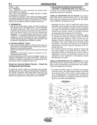 B-2OPERACIÓNB-2
STICK = ON
CV = REMOTE
TIG = REMOTE si los controles de salida están
conectados a la máquina.
TIG = 0N si los controles de salida remotos no están
conectados a la máquina.
Para todas las versiones, estos modos de disparo pueden
ser anulados (cambiados) con el botón WELD TERMINALS.
Cuando se cambian, la unidad se encenderá en la configu-
ración en la que estaba cuando se apagó la última vez.
5. TERMÓMETRO
• Esta luz de estado indica cuando la fuente de poder ha
sido llevada a una sobrecarga térmica. Si las terminales
de salida estaban en "ON", la luz "ON" parpadeará
indicando que la salida se encenderá de nuevo, una vez
que la unidad se enfríe a un nivel de temperatura
aceptable. Si la unidad estaba operando en el modo
"REMOTE", el disparador necesitará ser abierto antes o
después de que el termómetro se haya normalizado y
cerrado después de que la máquina se ha enfriado a una
temperatura aceptable para establecer la salida.
6. CONTROL REMOTE / LOCAL
• Dos luces de estado indican la ubicación del control de
salida como lo ha predeterminado el sistema de autocon-
figuración de las fuentes de poder.
• LOCAL se encenderá cuando el control esté en la fuente
de poder.
• REMOTE se encenderá cuando se detecte un con-
trol/potenciómetro remoto.
Estas configuraciones del Control de Salida pueden ser
anuladas (cambiadas) con el botón CONTROL. Cuando se
cambian, la unidad se encenderá en la configuración en la
que estaba cuando se apagó por última vez.
Panel de Control Medio Oculto – Panel de
Configuración de Proceso
El panel de control medio es removible para permitir
actualizaciones (vea Opciones/Accesorios Instalados
de Campo). Además, este panel está oculto por una
puerta de acceso a fin de reducir la complejidad
aparente y proporcionar protección a los controles.
7. SELECCIÓN DE MODO DE SOLDADURA -
FACTORY Y CONSTRUCTION (Ver Figura 1)
El botón de Control de Modo selecciona entre los
siguientes modos de soldadura.
VARILLA REVESTIDA DE CC SUAVE: El proceso
Stick Soft ofrece control continuo de 5 a 425 amps.
Este modo fue creado para la mayoría de las aplica-
ciones SMAW y Desbaste de Arco.
• Desbaste de Arco: Fijar la salida del modo suave
del palillo a 425 amperios y/o fijar el control del arco
a 9.5 o arriba permitirán el modo del arco-escopleo
con gubia. La corriente de salida real dependerá del
tamaño del carbón usado. El carbón máximo
recomendado del tamaño es 5/16"(7.9mm).
• El control Hot Start (Arranque en Caliente) regula
la corriente de arranque al iniciar el arco. Hot Start
puede ajustarse desde el valor mínimo (0), sin
agregar corriente adicional al inicio del arco, hasta
el máximo (10), con el doble de la corriente prede-
terminada o 425 amps (el máximo de la máquina)
adicionales al primer segundo después de la ini-
ciación del arco.
• Arc Control (Control de Arco) regula la Fuerza del
Arco para ajustar la corriente de corto circuito. El
parámetro mínimo (-10) producirá un arco "suave" y
salpicadura mínima. El parámetro máximo (+10)
producirá un arco "agresivo" y minimizará la fusión
del electrodo al charco.
VARILLA REVESTIDA DE CC AGRESIVA: El modo
Stick Crisp ofrece control continuo de 5 a 425 amps.
Este modo fue diseñado principalmente para aplica-
ciones de soldadura de tubería.
• El control Hot Start regula la corriente de arranque
al iniciar el arco. Hot Start puede ajustar la corriente
de arranque 25% hacia arriba o hacia abajo del
valor preestablecido. La programación recomenda-
da para Hot Start es 5 donde la corriente inicial es
igual a la corriente preestablecida.
V350-PRO
REMOTEREMOTE
ONON
REMOTEREMOTE
LOCALLOCAL
WELD TERMINALSWELD TERMINALS
OUTPUTOUTPUT
CONTROLCONTROL
SELECTSELECT SELECTSELECT
MPSMPSA OLTSOLTSV
SELECTSELECT
CC-STICK SOFT 7018CC-STICK SOFT 7018
CC-STICK CRISP 6010CC-STICK CRISP 6010
TIG GTAWTIG GTAW
CV-WIRECV-WIRE
CV-FLUX COREDCV-FLUX CORED
HOT STARTHOT START ARC CONTROLARC CONTROL
-4-4 +4+4
+2+2-2-2
0
-6-6 +6+6
-10-10
SOFTSOFT CRISPCRISP
+10+10
-8-8 +8+8
5
4
3
2
1
0
6
1010
9
8
7
1
6
5
2
3
4
8
7
11
10
12 9
FIGURA 1
 