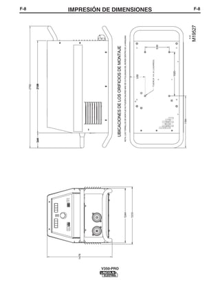 F-8IMPRESIÓN DE DIMENSIONESF-8
V350-PRO
M19527
6-01
14.79
12.44
3.442121.06
27.82
5.50
10.00
UBICACIONESDELOSORIFICIOSDEMONTAJE
13.10
3.50
11.84
NOTA:LOSTORNILLOSDEMONTAJENOPUEDENSALIRSEMÁSDE0.5PULGADASDELBORDEDENTRODELAMÁQUINA
TUERCA1/4(4LUGARES)
 