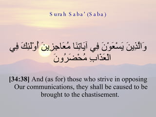 Surah Saba' (Saba) وَالَّذِينَ يَسْعَوْنَ فِي آيَاتِنَا مُعَاجِزِينَ أُوْلَئِكَ فِي الْعَذَابِ مُحْضَرُونَ  [34:38]  And (as for) those who strive in opposing Our communications, they shall be caused to be brought to the chastisement.  