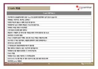 Y-talk 이슈

                                 Y talk 토론이슈(1)

프로젝트의 산출물에 대한 검증 Tool 및 검증평가관련해서 깊이 알고 싶습니다.
차세대는 무엇이고, 왜 하는 걸까요?
다양한 혁신의 툴을 소개해 주셨으면 합니다.
차세대이후 남은 과제의 해결은 PMO의 몫인가요..
차세대 구축을 위한 PI추진방안
IT투자효과 측정에 대한 세미나
현업과 IT 개발자 간 의사소통 지원을 위한 조직의 필요성 및 R&R
효과적인 ITO관리 방법
PMO 구성원의 업무 이해도 정도와 PMO 역할 수행간의 관계
보수적인 IT 혁신 집단에서, 새롭게 변화하기 위한 변화관리는?
전사PMO 운영 사례
IT기반중심의 경영전략방향 제시가 필요함
해당 세미나 주제로도 좋은 시간이라 생각됩니다.
차세대시스템 개통과 관련한 IT 조직의 재구축
PMO 역할
차세대 PMO 경험 기반의 IT 조직혁신전략
ERP(SAP) 시스템 적용 후 향후 정보시스템 운영 방안 변경 전략
효과적인 pmo 방법은
                                         12
 