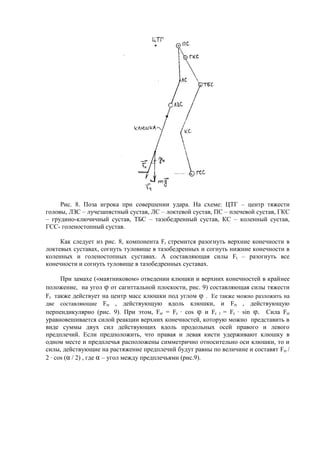 Рис. 8. Поза игрока при совершении удара. На схеме: ЦТГ – центр тяжести
головы, ЛЗС – лучезапястный сустав, ЛС – локтевой сустав, ПС – плечевой сустав, ГКС
– грудино-ключичный сустав, ТБС – тазобедренный сустав, КС – коленный сустав,
ГСС- голеностопный сустав.
Как следует из рис. 8, компонента Fr стремится разогнуть верхние конечности в
локтевых суставах, согнуть туловище в тазобедренных и согнуть нижние конечности в
коленных и голеностопных суставах. А составляющая силы Ft – разогнуть все
конечности и согнуть туловище в тазобедренных суставах.
При замахе («маятниковом» отведении клюшки и верхних конечностей в крайнее
положение, на угол φ от сагиттальной плоскости, рис. 9) составляющая силы тяжести
Fr также действует на центр масс клюшки под углом φ . Ее также можно разложить на
две составляющие Frr , действующую вдоль клюшки, и Frt , действующую
перпендикулярно (рис. 9). При этом, Frr = Fr · cos φ и Fr t = Fr · sin φ. Сила Frr
уравновешивается силой реакции верхних конечностей, которую можно представить в
виде суммы двух сил действующих вдоль продольных осей правого и левого
предплечий. Если предположить, что правая и левая кисти удерживают клюшку в
одном месте и предплечья расположены симметрично относительно оси клюшки, то и
силы, действующие на растяжение предплечий будут равны по величине и составят Frr /
2 · cos (α / 2) , где α – угол между предплечьями (рис.9).
Copyright ОАО «ЦКБ «БИБКОМ» & ООО «Aгентство Kнига-Cервис»
 