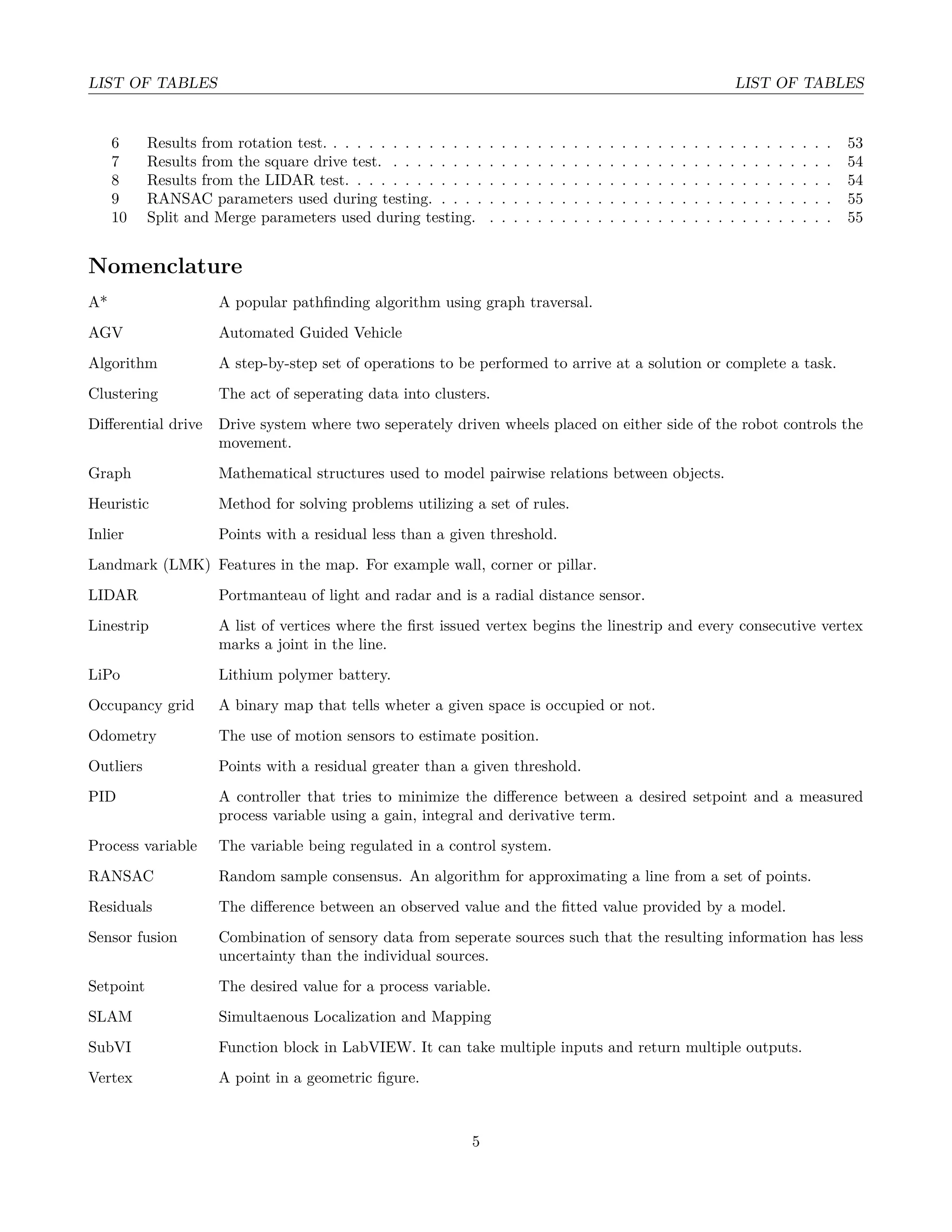 LIST OF TABLES LIST OF TABLES
6 Results from rotation test. . . . . . . . . . . . . . . . . . . . . . . . . . . . . . . . . . . . . . . . . . . 53
7 Results from the square drive test. . . . . . . . . . . . . . . . . . . . . . . . . . . . . . . . . . . . . . 54
8 Results from the LIDAR test. . . . . . . . . . . . . . . . . . . . . . . . . . . . . . . . . . . . . . . . . 54
9 RANSAC parameters used during testing. . . . . . . . . . . . . . . . . . . . . . . . . . . . . . . . . . 55
10 Split and Merge parameters used during testing. . . . . . . . . . . . . . . . . . . . . . . . . . . . . . 55
Nomenclature
A* A popular pathﬁnding algorithm using graph traversal.
AGV Automated Guided Vehicle
Algorithm A step-by-step set of operations to be performed to arrive at a solution or complete a task.
Clustering The act of seperating data into clusters.
Diﬀerential drive Drive system where two seperately driven wheels placed on either side of the robot controls the
movement.
Graph Mathematical structures used to model pairwise relations between objects.
Heuristic Method for solving problems utilizing a set of rules.
Inlier Points with a residual less than a given threshold.
Landmark (LMK) Features in the map. For example wall, corner or pillar.
LIDAR Portmanteau of light and radar and is a radial distance sensor.
Linestrip A list of vertices where the ﬁrst issued vertex begins the linestrip and every consecutive vertex
marks a joint in the line.
LiPo Lithium polymer battery.
Occupancy grid A binary map that tells wheter a given space is occupied or not.
Odometry The use of motion sensors to estimate position.
Outliers Points with a residual greater than a given threshold.
PID A controller that tries to minimize the diﬀerence between a desired setpoint and a measured
process variable using a gain, integral and derivative term.
Process variable The variable being regulated in a control system.
RANSAC Random sample consensus. An algorithm for approximating a line from a set of points.
Residuals The diﬀerence between an observed value and the ﬁtted value provided by a model.
Sensor fusion Combination of sensory data from seperate sources such that the resulting information has less
uncertainty than the individual sources.
Setpoint The desired value for a process variable.
SLAM Simultaenous Localization and Mapping
SubVI Function block in LabVIEW. It can take multiple inputs and return multiple outputs.
Vertex A point in a geometric ﬁgure.
5
 