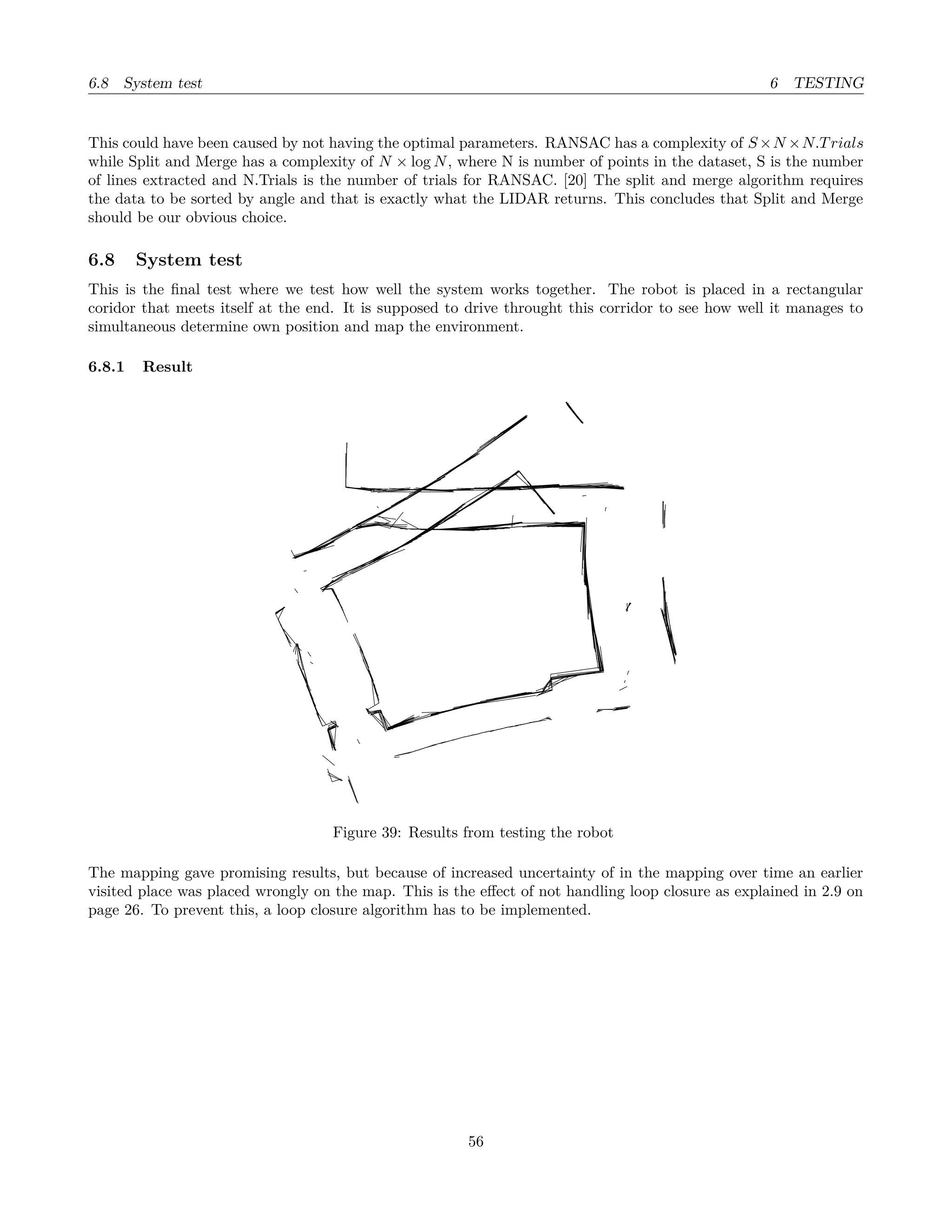 6.8 System test 6 TESTING
This could have been caused by not having the optimal parameters. RANSAC has a complexity of S×N ×N.Trials
while Split and Merge has a complexity of N × log N, where N is number of points in the dataset, S is the number
of lines extracted and N.Trials is the number of trials for RANSAC. [20] The split and merge algorithm requires
the data to be sorted by angle and that is exactly what the LIDAR returns. This concludes that Split and Merge
should be our obvious choice.
6.8 System test
This is the ﬁnal test where we test how well the system works together. The robot is placed in a rectangular
coridor that meets itself at the end. It is supposed to drive throught this corridor to see how well it manages to
simultaneous determine own position and map the environment.
6.8.1 Result
Figure 39: Results from testing the robot
The mapping gave promising results, but because of increased uncertainty of in the mapping over time an earlier
visited place was placed wrongly on the map. This is the eﬀect of not handling loop closure as explained in 2.9 on
page 26. To prevent this, a loop closure algorithm has to be implemented.
56
 