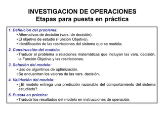 INVESTIGACION DE OPERACIONES
Etapas para puesta en práctica
1. Definición del problema:
• Alternativas de decisión (vars. de decisión).
• El objetivo de estudio (Función Objetivo).
• Identificación de las restricciones del sistema que se modela.
2. Construcción del modelo:
• Traducir el problema a relaciones matemáticas que incluyan las vars. decisión,
la Función Objetivo y las restricciones.
3. Solución del modelo:
• Uso de algoritmos de optimización.
• Se encuentran los valores de las vars. decisión.
4. Validación del modelo:
• ¿El modelo entrega una predicción razonable del comportamiento del sistema
estudiado?
5. Puesta en práctica:
• Traducir los resultados del modelo en instrucciones de operación.
 