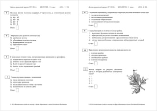 Демонстрационный вариант ЕГЭ 2016 г. БИОЛОГИЯ, 11 класс. (2016 - 5 / 22)
© 2016 Федеральная служба по надзору в сфере образования и науки Российской Федерации
Половые клетки человека содержат 23 хромосомы, а соматические клетки
женщины –
1) 46 + ХX
2) 44 + XХ
3) 23 + Х
4) 22 + Х
Ответ:
Эмбриональное развитие начинается с
1) дробления зиготы
2) образования зачатков органов
3) формирования гаструлы
4) образования гамет
Ответ:
К аллельным относят гены, контролирующие проявление у дрозофилы
1) недоразвитых крыльев и серого тела
2) тёмного тела и красной окраски глаз
3) белой и красной окраски глаз
4) серого тела и нормальных крыльев
Ответ:
Генные мутации связаны с изменением
1) числа хромосом в клетках
2) структуры хромосом
3) последовательности генов в аутосоме
4) нуклеотидов на участке ДНК
Ответ:
4
5
6
7
Демонстрационный вариант ЕГЭ 2016 г. БИОЛОГИЯ, 11 класс. (2016 - 6 / 22)
© 2016 Федеральная служба по надзору в сфере образования и науки Российской Федерации
Сохранение признаков у гетерозисных гибридов растений возможно только при
1) половом размножении
2) вегетативном размножении
3) отдалённой гибридизации
4) использовании метода полиплоидии
Ответ:
Споры бактерий, в отличие от спор грибов,
1) выполняют функции питания и дыхания
2) образуются в результате полового размножения
3) необходимы для размножения и расселения на новые места
4) служат приспособлением к перенесению неблагоприятных условий
Ответ:
В растениях органические вещества передвигаются по
1) клеткам камбия
2) сосудам древесины
3) ситовидным трубкам
4) клеткам эпидермиса
Ответ:
Какой цифрой на рисунке обозначен
орган, в котором развиваются семязачатки
сосны?
1) 1
2) 2
3) 3
4) 4
Ответ:
8
9
10
11
 