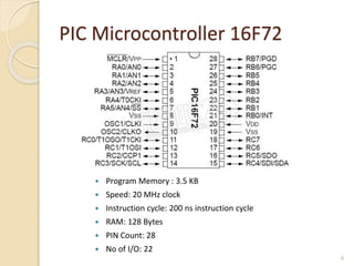 PIC Microcontroller 16F72
 Program Memory : 3.5 KB
 Speed: 20 MHz clock
 Instruction cycle: 200 ns instruction cycle
 RAM: 128 Bytes
 PIN Count: 28
 No of I/O: 22
6
 