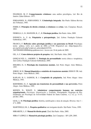 52
FELDMAN, M. P. Comportamento criminoso: uma análise psicológica. 1ed. Rio de
Janeiro: Zahar Editores. 1977.
FERNANDES, N.; FERNANDES, V. Criminologia integrada. São Paulo: Editora Revista
dos Tribunais, 1995.
FERRI, E. Princípios de direito criminal, o criminoso e o crime. 1ed., Campinas: Russel,
2003.
FIORELLI, J., O.; MANGINI, R., C., R. Psicologia jurídica. São Paulo: Atlas, 2009.
FONSECA, A., F. da. Psiquiatria e psicopatologia. 2ed. Lisboa: Fundação Calouste
Gulbenkian, 1997.
FRANCA, F. Reflexões sobre psicologia jurídica e seu panorama no Brasil. Psicologia:
teoria prática, vol.6, no.1, junho de 2004, p.73-80. Disponível em: <http://pepsic.bvs-
psi.org.br/scielo.php?script=sci_arttext&pid=S1516-
36872004000100006&lng=pt&nrm=iso>. Acesso em: 24 de junho de 2009.
GIL, A. C. Como elaborar projetos de pesquisa. 4ed., São Paulo: Atlas, 2002.
GONÇALVES, L.; AMORIN, V. Patologia da personalidade: teoria clínica e terapêutica.
2ed. Lisboa: Fundação Calouste Gulbenkian, 2004.
HOLMES, D., S. Psicologia dos transtornos mentais. 2ed. Porto Alegre: Artes Médicas,
1997.
JORGE, M. R. Manual diagnóstico e estatístico de transtornos mentais: DSM-IV-TR. 4ed.
Porto Alegre : Artes Médicas, 2002.
KAPLAN, H. I.; SADOCK, B. J. Compêndio de psiquiatria. 3ed. Porto Alegre: Artes
Médicas, 1993.
KERNBERG, O., F. Agressão nos transtornos de personalidade e nas perversões. Porto
Alegre: Artes Médicas, 1995.
KIENEN, N.; WOLFF, S. Administrar comportamento humano em contextos
organizacionais. Psicologia: Organizações e Trabalho, Florianópolis: Programa de Pós-
Graduação em Psicologia da Universidade Federal de Santa Catarina, v.2, n.2, p. 11-37,
jul./dez. 2002.
LEAL, L. M. Psicologia jurídica: história, ramificações e áreas de atuação. Diversa: Ano 1 –
nº 2, 2008.
MARTINELLI, M., L. Pesquisa qualitativa: um instigante desafio. São Paulo: Veras, 1999.
MIRABETE, J., F. Manual de direito penal. 22ed. São Paulo: Atlas, 2005.
MIRA Y LÓPEZ, E. Manual de psicologia jurídica. 2ed. Campinas – SP: LZN, 2005.
 