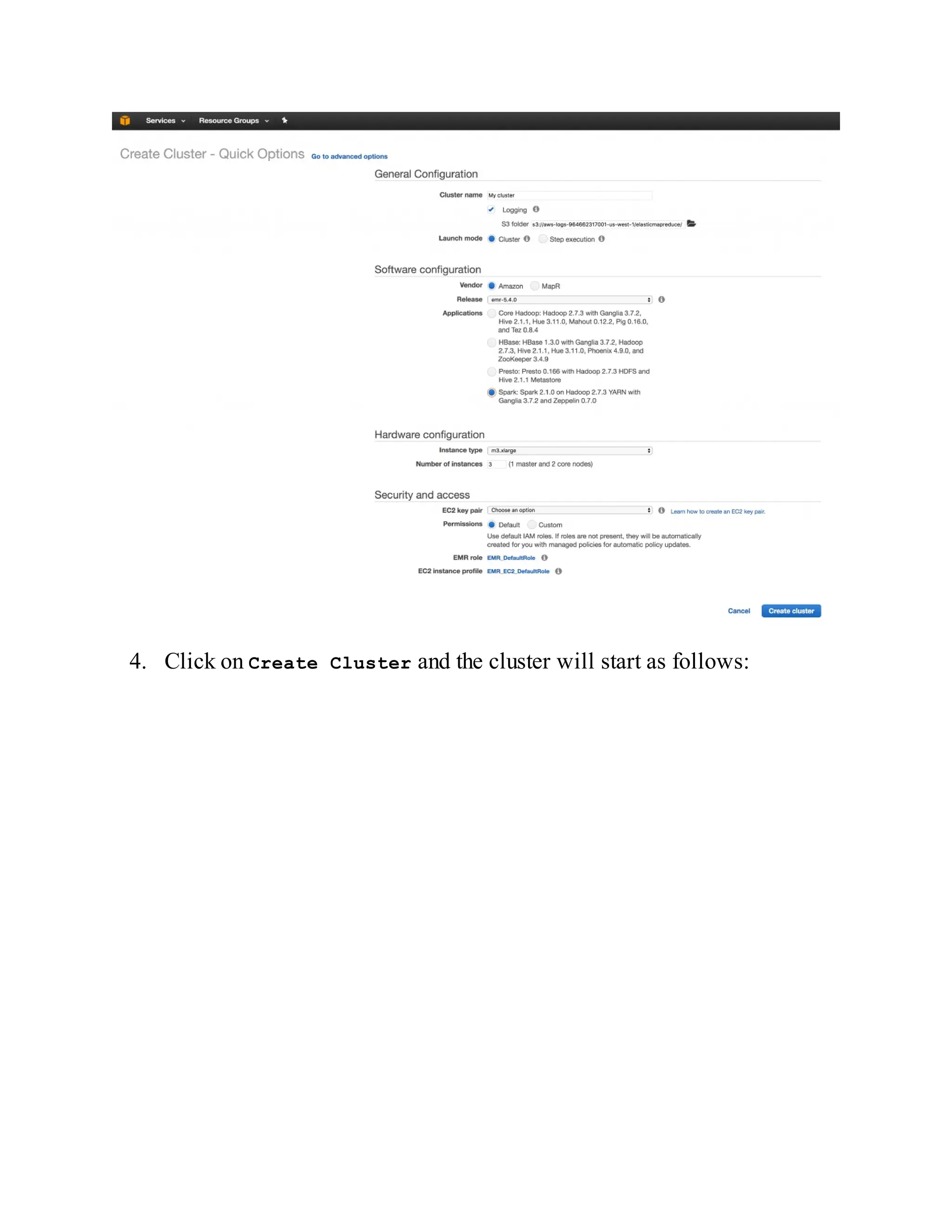 4. Click on Create Cluster and the cluster will start as follows:
 