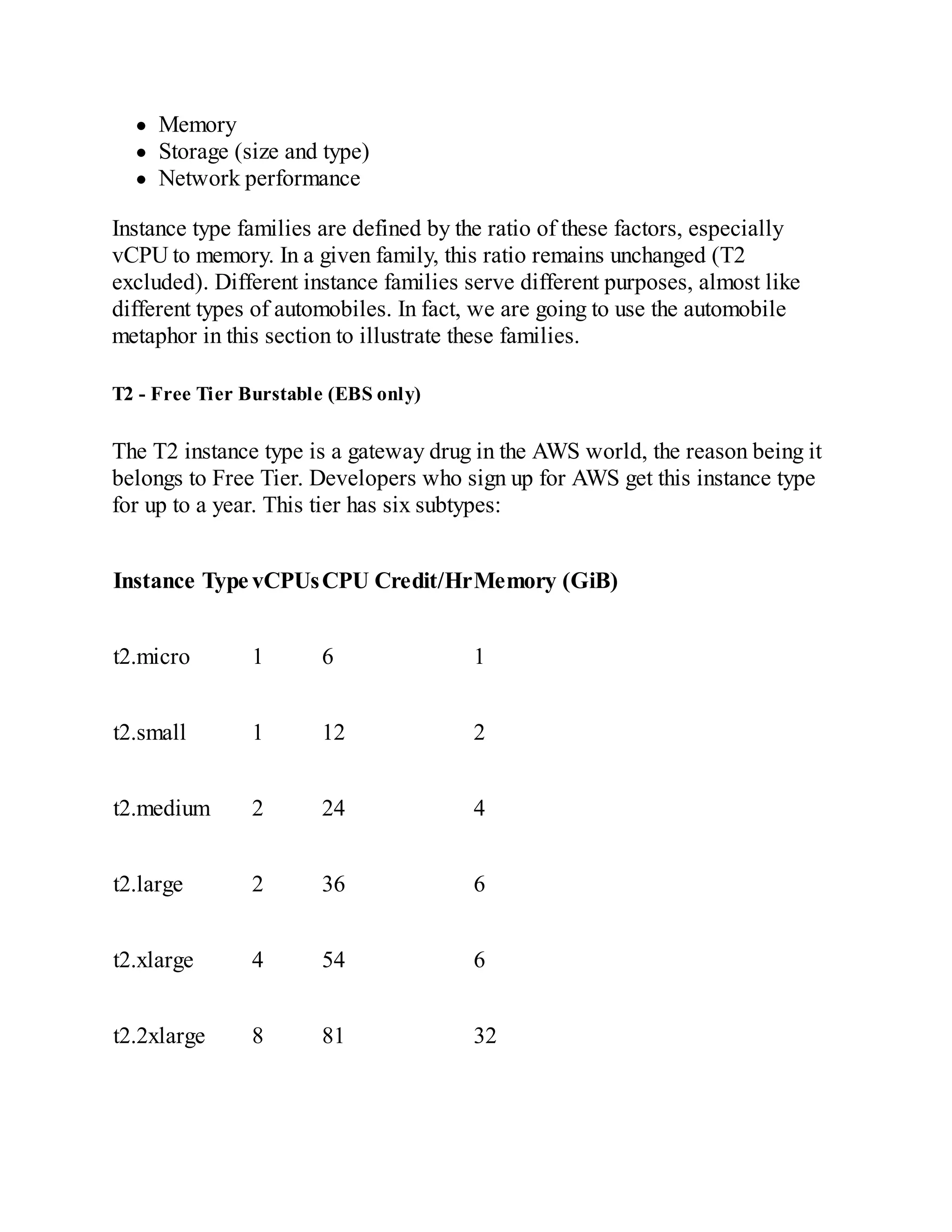 Memory
Storage (size and type)
Network performance
Instance type families are defined by the ratio of these factors, especially
vCPU to memory. In a given family, this ratio remains unchanged (T2
excluded). Different instance families serve different purposes, almost like
different types of automobiles. In fact, we are going to use the automobile
metaphor in this section to illustrate these families.
T2 - Free Tier Burstable (EBS only)
The T2 instance type is a gateway drug in the AWS world, the reason being it
belongs to Free Tier. Developers who sign up for AWS get this instance type
for up to a year. This tier has six subtypes:
Instance Type vCPUsCPU Credit/HrMemory (GiB)
t2.micro 1 6 1
t2.small 1 12 2
t2.medium 2 24 4
t2.large 2 36 6
t2.xlarge 4 54 6
t2.2xlarge 8 81 32
 