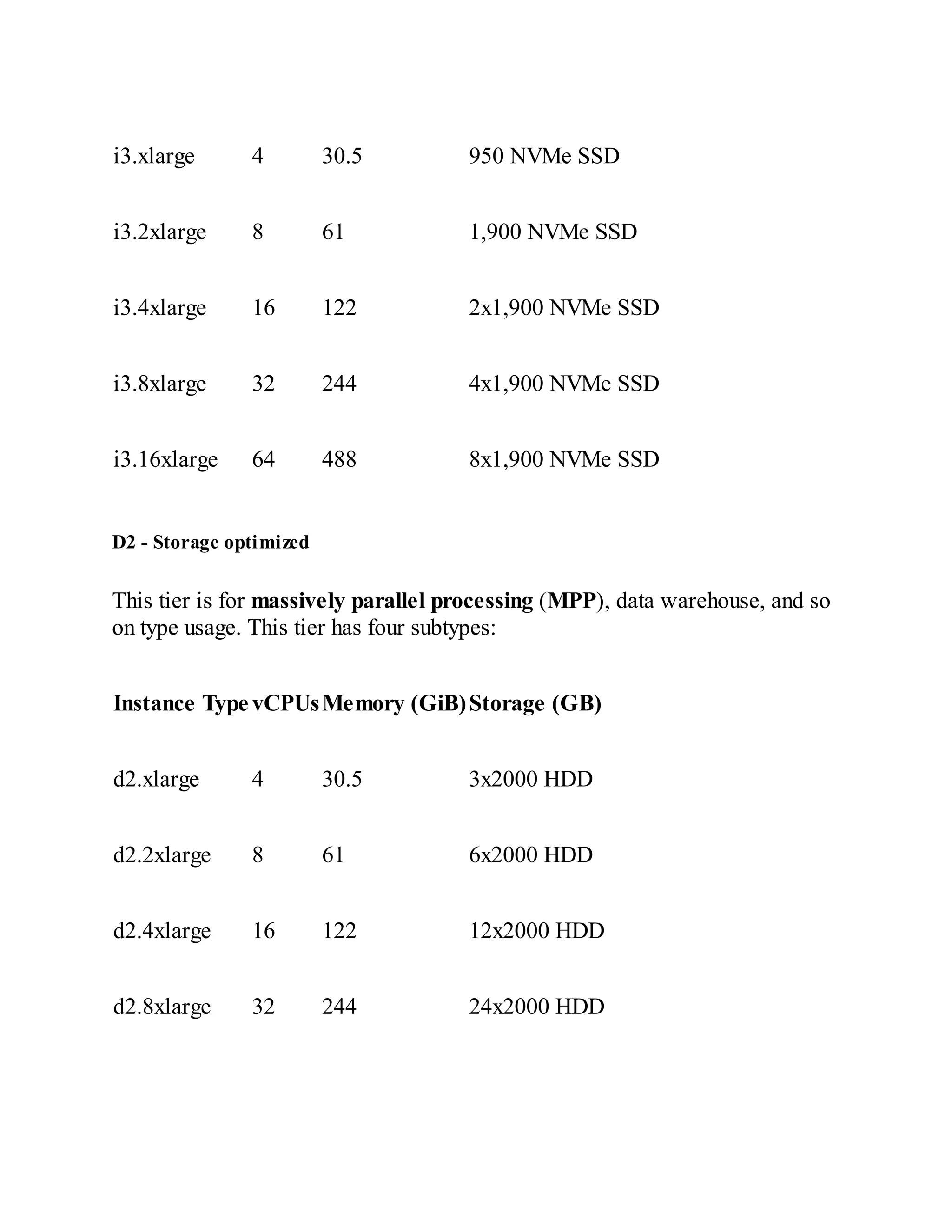 i3.xlarge 4 30.5 950 NVMe SSD
i3.2xlarge 8 61 1,900 NVMe SSD
i3.4xlarge 16 122 2x1,900 NVMe SSD
i3.8xlarge 32 244 4x1,900 NVMe SSD
i3.16xlarge 64 488 8x1,900 NVMe SSD
D2 - Storage optimized
This tier is for massively parallel processing (MPP), data warehouse, and so
on type usage. This tier has four subtypes:
Instance Type vCPUsMemory (GiB)Storage (GB)
d2.xlarge 4 30.5 3x2000 HDD
d2.2xlarge 8 61 6x2000 HDD
d2.4xlarge 16 122 12x2000 HDD
d2.8xlarge 32 244 24x2000 HDD
 