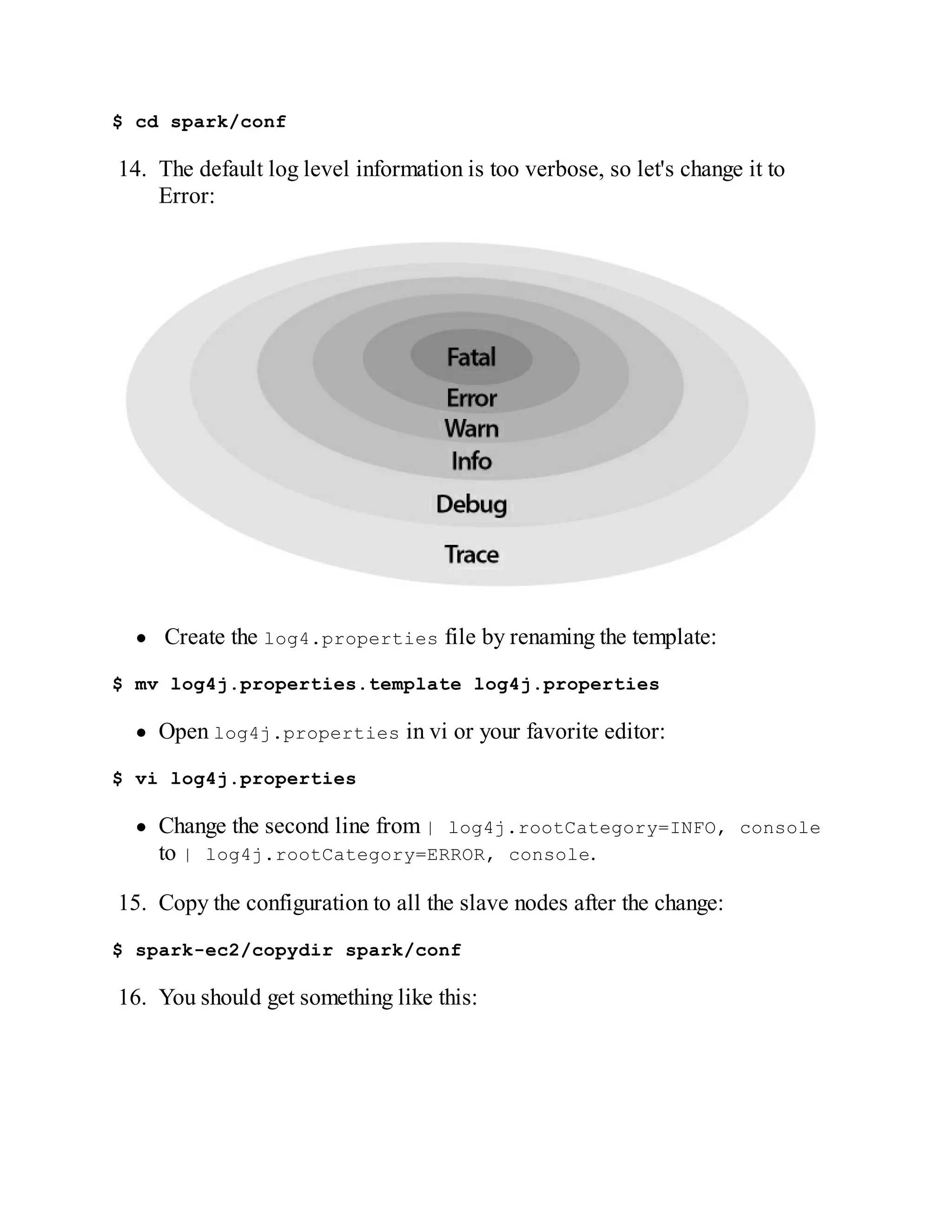 $ cd spark/conf
14. The default log level information is too verbose, so let's change it to
Error:
Create the log4.properties file by renaming the template:
$ mv log4j.properties.template log4j.properties
Open log4j.properties in vi or your favorite editor:
$ vi log4j.properties
Change the second line from | log4j.rootCategory=INFO, console
to | log4j.rootCategory=ERROR, console.
15. Copy the configuration to all the slave nodes after the change:
$ spark-ec2/copydir spark/conf
16. You should get something like this:
 