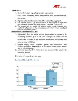 12
Weakness: -
1. Cement Industry is highly fragmented & regionalized.
2. Low – value commodity makes transportation over long distances un-
economical.
3. High capital cost and investment cost for each and every project.
4. The complex Excise Duty structure based on the category of buyer and
end use of the cement has caused at lot of confusion in the industry.
5. The recent ban on export of cement clinker would increase the
availability of cement in the domestic market, which in turn would put
pressure on cement prices.
Opportunities: Demand–supply gap
1. Substantially low per capita cement consumption as compared to
developing countries (1/3 rd of world average) Per capita cement
consumption in India is 82 kgs against a global average of 255 kgs and
Asian average of 200 kgs.
2. Despite slightly lower economic growth, the construction and
infrastructure sector is expected to record healthy growth, which augurs
well for cement industry.
3. Additional capacity of 20 million tons per annum will be required to
match the demand.
 