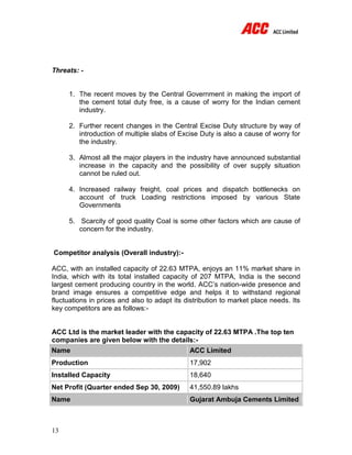 13
Threats: -
1. The recent moves by the Central Government in making the import of
the cement total duty free, is a cause of worry for the Indian cement
industry.
2. Further recent changes in the Central Excise Duty structure by way of
introduction of multiple slabs of Excise Duty is also a cause of worry for
the industry.
3. Almost all the major players in the industry have announced substantial
increase in the capacity and the possibility of over supply situation
cannot be ruled out.
4. Increased railway freight, coal prices and dispatch bottlenecks on
account of truck Loading restrictions imposed by various State
Governments
5. Scarcity of good quality Coal is some other factors which are cause of
concern for the industry.
Competitor analysis (Overall industry):-
ACC, with an installed capacity of 22.63 MTPA, enjoys an 11% market share in
India, which with its total installed capacity of 207 MTPA, India is the second
largest cement producing country in the world. ACC’s nation-wide presence and
brand image ensures a competitive edge and helps it to withstand regional
fluctuations in prices and also to adapt its distribution to market place needs. Its
key competitors are as follows:-
ACC Ltd is the market leader with the capacity of 22.63 MTPA .The top ten
companies are given below with the details:-
Name ACC Limited
Production 17,902
Installed Capacity 18,640
Net Profit (Quarter ended Sep 30, 2009) 41,550.89 lakhs
Name Gujarat Ambuja Cements Limited
 