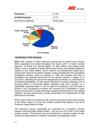 15
Production 5,150
Installed Capacity 5,113
Net Profit (in 2008-09) 9,061 lakhs
Introduction of the Company
ACC (ACC Limited) is India's foremost manufacturer of cement and concrete.
ACC's operations are spread throughout the country with 14 modern cement
factories, 19 Ready mix concrete plants, 19 sales offices, and several zonal
offices. It has a workforce of about 9000 persons and a countrywide distribution
network of over 9,000 dealers. ACC's research and development facility has a
unique track record of innovative research, product development and specialized
consultancy services. Since its inception in 1936, the company has been a
trendsetter and important benchmark for the cement industry in respect of its
production, marketing and personnel management processes. Its commitment to
environment-friendliness, its high ethical standards in business dealings and its
on-going efforts in community welfare programs have won it acclaim as a
responsible corporate citizen. In the 70 years of its existence, ACC has been a
pioneer in the manufacture of cement and concrete and a trendsetter in many
areas of cement and concrete technology including improvements in raw material
utilization, process improvement, energy conservation and development of high
performance concretes.
ACC’s brand name is synonymous with cement and enjoys a high level of equity
in the Indian market. It is the only cement company that figures in the list of
Consumer Super Brands of India.
The company's various businesses are supported by a powerful, in-house
research and technology backup facility - the only one of its kind in the Indian
cement industry. This ensures not just consistency in product quality but also
continuous improvements in products, processes, and application areas.
 