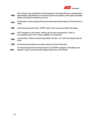 20
1966
ACC inducts use of pollution control equipment and high efficiency sophisticated
electrostatic precipitators for its cement plants and captive power plants decades
before it becomes mandatory to do so.
1978
Introduction of the energy efficient pre-calcinations technology for the first time in
India.
1982 Commissioning of the first 1 MTPA plant in the country at Wadi, Karnataka.
1987
ACC develops a new binder, working at sub-zero temperature, which is
successfully used in the Indian expedition to Antarctica.
1992
Incorporation of Bulk Cement Corporation of India, a JV with the Government of
India.
1993 Commercial manufacture of ready-mixed concrete at Mumbai.
2001
Commissioning of the new Wadi plant of 2.6 MTPA capacity in Karnataka, the
largest in India, and among the largest sized kilns in the World.
 