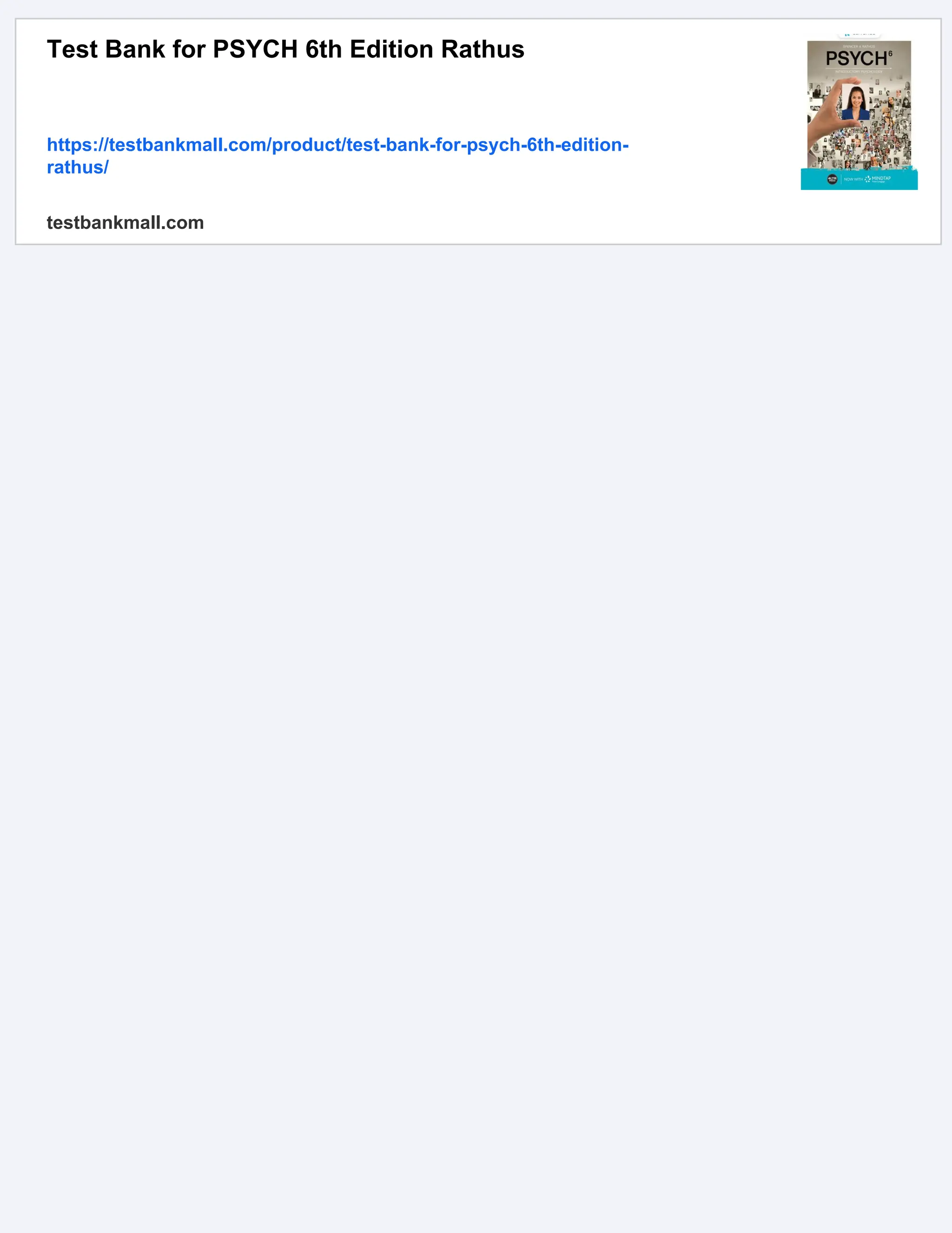 Test Bank for PSYCH 6th Edition Rathus
https://testbankmall.com/product/test-bank-for-psych-6th-edition-
rathus/
testbankmall.com
 