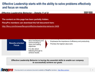 9This document is an exclusive document available to FlevyPro members - http://flevy.com/pro
Effective Leadership starts with the ability to solve problems effectively
and focus on results
Effective Leadership Behavior – Details (1 of 2)
Effective Leadership Behavior is having the essential skills to enable our company
to successfully achieve our goals.
SKILLSETS
• Gather, analyze and consider information effectively.
• Have strong results orientation.
• Emphasize the importance of efficiency and productivity.
• Prioritize the highest value work.
Effective Problem
Solving
Results-oriented
Focus
LEADERSHIP BEHAVIOR DESCRIPTION
• Problem solving is the
process that precedes
decision making.
• It is deceptively
difficult to get right yet
it is a key input to
decision making.
• Leadership is not only
about developing and
communicating a
vision and setting
objectives.
• It is also about
following through to
achieve results.
The content on this page has been partially hidden.
FlevyPro members can download the full document here:
http://flevy.com/browse/flevypro/effective-leadership-behavior-3408
 