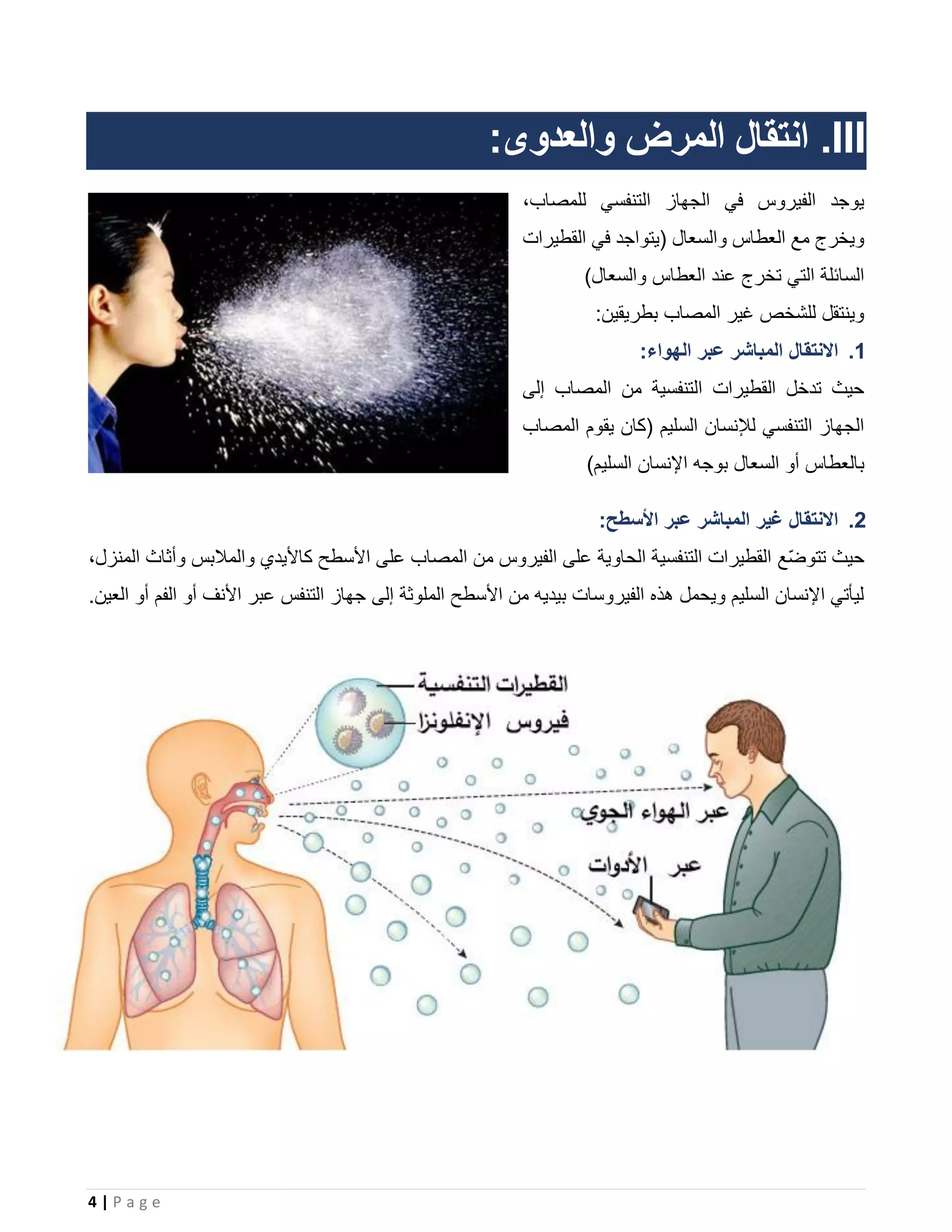 4 | P a g e
III.:‫والعدوى‬ ‫المرض‬ ‫انتقال‬
‫في‬ ‫الفيروس‬ ‫يوجد‬،‫للمصاب‬ ‫التنفسي‬ ‫الجهاز‬
‫والسعال‬ ‫العطاس‬ ‫مع‬ ‫ويخرج‬‫القطيرات‬ ‫في‬ ‫(يتواجد‬
)‫والسعال‬ ‫العطاس‬ ‫عند‬ ‫تخرج‬ ‫التي‬ ‫السائلة‬
:‫بطريقين‬ ‫المصاب‬ ‫غير‬ ‫للشخص‬ ‫وينتقل‬
1.:‫الهواء‬ ‫عبر‬ ‫المباشر‬ ‫االنتقال‬
‫إلى‬ ‫المصاب‬ ‫من‬ ‫التنفسية‬ ‫القطيرات‬ ‫تدخل‬ ‫حيث‬
‫المصاب‬ ‫يقوم‬ ‫(كان‬ ‫السليم‬ ‫لإلنسان‬ ‫التنفسي‬ ‫الجهاز‬
‫ب‬)‫السليم‬ ‫اإلنسان‬ ‫بوجه‬ ‫السعال‬ ‫أو‬ ‫العطاس‬
2.:‫األسطح‬ ‫عبر‬ ‫المباشر‬ ‫غير‬ ‫االنتقال‬
ّ‫ض‬‫تتو‬ ‫حيث‬‫ع‬،‫المنزل‬ ‫وأثاث‬ ‫والمالبس‬ ‫كاأليدي‬ ‫األسطح‬ ‫على‬ ‫المصاب‬ ‫من‬ ‫الفيروس‬ ‫على‬ ‫الحاوية‬ ‫التنفسية‬ ‫القطيرات‬
.‫العين‬ ‫أو‬ ‫الفم‬ ‫أو‬ ‫األنف‬ ‫عبر‬ ‫التنفس‬ ‫جهاز‬ ‫إلى‬ ‫الملوثة‬ ‫األسطح‬ ‫من‬ ‫بيديه‬ ‫الفيروسات‬ ‫هذه‬ ‫ويحمل‬ ‫السليم‬ ‫اإلنسان‬ ‫ليأتي‬
 