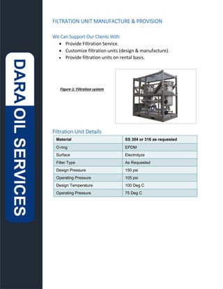 FILTRATION UNIT MANUFACTURE & PROVISION
We Can Support Our Clients With
 Provide Filtration Service.
 Customize filtration units (design & manufacture).
 Provide filtration units on rental basis.
Figure-1: Filtration system
Filtration Unit Details
Material SS 304 or 316 as requested
O-ring EPDM
Surface Electrolyze
Filter Type As Requested
Design Pressure 150 psi
Operating Pressure 105 psi
Design Temperature 100 Deg C
Operating Pressure 75 Deg C
 
