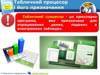 7
© Вивчаємо інформатику teach-inf.at.ua
Табличний процесор
і його призначенняРозділ 4
§ 4.1
Табличний процесор - це прикладна
програма, яка призначена для
опрацювання даних, поданих в
електронних таблицях.
 