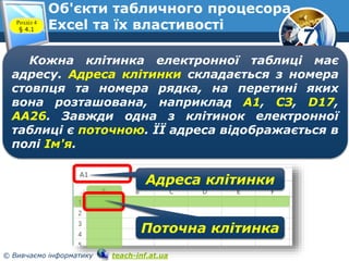 7
© Вивчаємо інформатику teach-inf.at.ua
Об'єкти табличного процесора
Excel та їх властивостіРозділ 4
§ 4.1
Кожна клітинка електронної таблиці має
адресу. Адреса клітинки складається з номера
стовпця та номера рядка, на перетині яких
вона розташована, наприклад А1, СЗ, D17,
АА26. Завжди одна з клітинок електронної
таблиці є поточною. ЇЇ адреса відображається в
полі Ім'я.
Адреса клітинки
Поточна клітинка
 