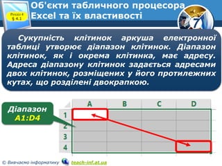 7
© Вивчаємо інформатику teach-inf.at.ua
Об'єкти табличного процесора
Excel та їх властивостіРозділ 4
§ 4.1
Сукупність клітинок аркуша електронної
таблиці утворює діапазон клітинок. Діапазон
клітинок, як і окрема клітинка, має адресу.
Адреса діапазону клітинок задається адресами
двох клітинок, розміщених у його протилежних
кутах, що розділені двокрапкою.
Діапазон
A1:D4
 