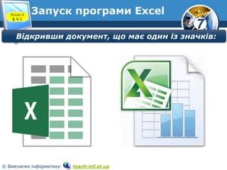7
© Вивчаємо інформатику teach-inf.at.ua
Відкривши документ, що має один із значків:
Розділ 4
§ 4.1
Запуск програми Excel
 