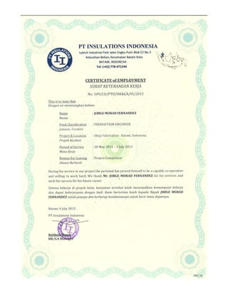 Certificado Insulations Indonesia