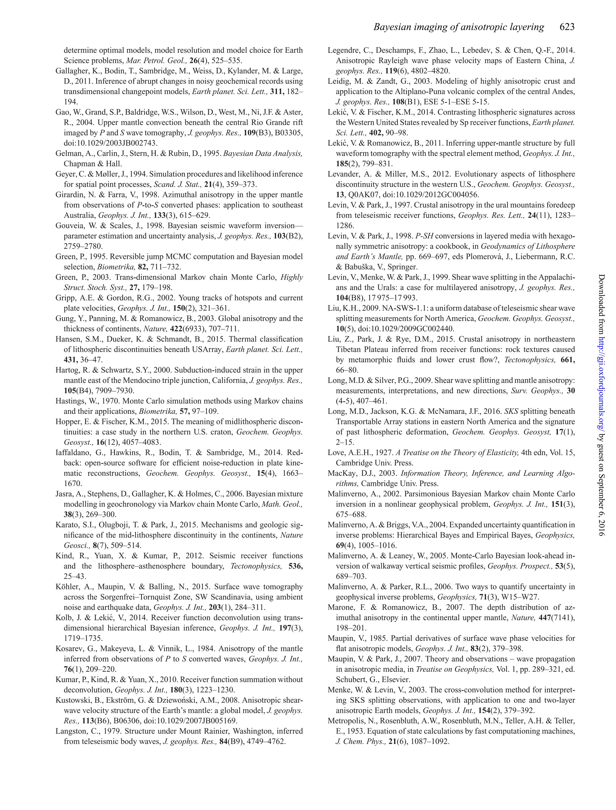 Bayesian imaging of anisotropic layering 623
determine optimal models, model resolution and model choice for Earth
Science problems, Mar. Petrol. Geol., 26(4), 525–535.
Gallagher, K., Bodin, T., Sambridge, M., Weiss, D., Kylander, M. & Large,
D., 2011. Inference of abrupt changes in noisy geochemical records using
transdimensional changepoint models, Earth planet. Sci. Lett., 311, 182–
194.
Gao, W., Grand, S.P., Baldridge, W.S., Wilson, D., West, M., Ni, J.F. & Aster,
R., 2004. Upper mantle convection beneath the central Rio Grande rift
imaged by P and S wave tomography, J. geophys. Res., 109(B3), B03305,
doi:10.1029/2003JB002743.
Gelman, A., Carlin, J., Stern, H. & Rubin, D., 1995. Bayesian Data Analysis,
Chapman & Hall.
Geyer, C. & Møller, J., 1994. Simulation procedures and likelihood inference
for spatial point processes, Scand. J. Stat., 21(4), 359–373.
Girardin, N. & Farra, V., 1998. Azimuthal anisotropy in the upper mantle
from observations of P-to-S converted phases: application to southeast
Australia, Geophys. J. Int., 133(3), 615–629.
Gouveia, W. & Scales, J., 1998. Bayesian seismic waveform inversion—
parameter estimation and uncertainty analysis, J. geophys. Res., 103(B2),
2759–2780.
Green, P., 1995. Reversible jump MCMC computation and Bayesian model
selection, Biometrika, 82, 711–732.
Green, P., 2003. Trans-dimensional Markov chain Monte Carlo, Highly
Struct. Stoch. Syst., 27, 179–198.
Gripp, A.E. & Gordon, R.G., 2002. Young tracks of hotspots and current
plate velocities, Geophys. J. Int., 150(2), 321–361.
Gung, Y., Panning, M. & Romanowicz, B., 2003. Global anisotropy and the
thickness of continents, Nature, 422(6933), 707–711.
Hansen, S.M., Dueker, K. & Schmandt, B., 2015. Thermal classiﬁcation
of lithospheric discontinuities beneath USArray, Earth planet. Sci. Lett.,
431, 36–47.
Hartog, R. & Schwartz, S.Y., 2000. Subduction-induced strain in the upper
mantle east of the Mendocino triple junction, California, J. geophys. Res.,
105(B4), 7909–7930.
Hastings, W., 1970. Monte Carlo simulation methods using Markov chains
and their applications, Biometrika, 57, 97–109.
Hopper, E. & Fischer, K.M., 2015. The meaning of midlithospheric discon-
tinuities: a case study in the northern U.S. craton, Geochem. Geophys.
Geosyst., 16(12), 4057–4083.
Iaffaldano, G., Hawkins, R., Bodin, T. & Sambridge, M., 2014. Red-
back: open-source software for efﬁcient noise-reduction in plate kine-
matic reconstructions, Geochem. Geophys. Geosyst., 15(4), 1663–
1670.
Jasra, A., Stephens, D., Gallagher, K. & Holmes, C., 2006. Bayesian mixture
modelling in geochronology via Markov chain Monte Carlo, Math. Geol.,
38(3), 269–300.
Karato, S.I., Olugboji, T. & Park, J., 2015. Mechanisms and geologic sig-
niﬁcance of the mid-lithosphere discontinuity in the continents, Nature
Geosci., 8(7), 509–514.
Kind, R., Yuan, X. & Kumar, P., 2012. Seismic receiver functions
and the lithosphere–asthenosphere boundary, Tectonophysics, 536,
25–43.
K¨ohler, A., Maupin, V. & Balling, N., 2015. Surface wave tomography
across the Sorgenfrei–Tornquist Zone, SW Scandinavia, using ambient
noise and earthquake data, Geophys. J. Int., 203(1), 284–311.
Kolb, J. & Leki´c, V., 2014. Receiver function deconvolution using trans-
dimensional hierarchical Bayesian inference, Geophys. J. Int., 197(3),
1719–1735.
Kosarev, G., Makeyeva, L. & Vinnik, L., 1984. Anisotropy of the mantle
inferred from observations of P to S converted waves, Geophys. J. Int.,
76(1), 209–220.
Kumar, P., Kind, R. & Yuan, X., 2010. Receiver function summation without
deconvolution, Geophys. J. Int., 180(3), 1223–1230.
Kustowski, B., Ekstr¨om, G. & Dziewo´nski, A.M., 2008. Anisotropic shear-
wave velocity structure of the Earth’s mantle: a global model, J. geophys.
Res., 113(B6), B06306, doi:10.1029/2007JB005169.
Langston, C., 1979. Structure under Mount Rainier, Washington, inferred
from teleseismic body waves, J. geophys. Res., 84(B9), 4749–4762.
Legendre, C., Deschamps, F., Zhao, L., Lebedev, S. & Chen, Q.-F., 2014.
Anisotropic Rayleigh wave phase velocity maps of Eastern China, J.
geophys. Res., 119(6), 4802–4820.
Leidig, M. & Zandt, G., 2003. Modeling of highly anisotropic crust and
application to the Altiplano-Puna volcanic complex of the central Andes,
J. geophys. Res., 108(B1), ESE 5-1–ESE 5-15.
Leki´c, V. & Fischer, K.M., 2014. Contrasting lithospheric signatures across
the Western United States revealed by Sp receiver functions, Earth planet.
Sci. Lett., 402, 90–98.
Leki´c, V. & Romanowicz, B., 2011. Inferring upper-mantle structure by full
waveform tomography with the spectral element method, Geophys. J. Int.,
185(2), 799–831.
Levander, A. & Miller, M.S., 2012. Evolutionary aspects of lithosphere
discontinuity structure in the western U.S., Geochem. Geophys. Geosyst.,
13, Q0AK07, doi:10.1029/2012GC004056.
Levin, V. & Park, J., 1997. Crustal anisotropy in the ural mountains foredeep
from teleseismic receiver functions, Geophys. Res. Lett., 24(11), 1283–
1286.
Levin, V. & Park, J., 1998. P-SH conversions in layered media with hexago-
nally symmetric anisotropy: a cookbook, in Geodynamics of Lithosphere
and Earth’s Mantle, pp. 669–697, eds Plomerov´a, J., Liebermann, R.C.
& Babuˇska, V., Springer.
Levin, V., Menke, W. & Park, J., 1999. Shear wave splitting in the Appalachi-
ans and the Urals: a case for multilayered anisotropy, J. geophys. Res.,
104(B8), 17 975–17 993.
Liu, K.H., 2009. NA-SWS-1.1: a uniform database of teleseismic shear wave
splitting measurements for North America, Geochem. Geophys. Geosyst.,
10(5), doi:10.1029/2009GC002440.
Liu, Z., Park, J. & Rye, D.M., 2015. Crustal anisotropy in northeastern
Tibetan Plateau inferred from receiver functions: rock textures caused
by metamorphic ﬂuids and lower crust ﬂow?, Tectonophysics, 661,
66–80.
Long, M.D. & Silver, P.G., 2009. Shear wave splitting and mantle anisotropy:
measurements, interpretations, and new directions, Surv. Geophys., 30
(4-5), 407–461.
Long, M.D., Jackson, K.G. & McNamara, J.F., 2016. SKS splitting beneath
Transportable Array stations in eastern North America and the signature
of past lithospheric deformation, Geochem. Geophys. Geosyst, 17(1),
2–15.
Love, A.E.H., 1927. A Treatise on the Theory of Elasticity, 4th edn, Vol. 15,
Cambridge Univ. Press.
MacKay, D.J., 2003. Information Theory, Inference, and Learning Algo-
rithms, Cambridge Univ. Press.
Malinverno, A., 2002. Parsimonious Bayesian Markov chain Monte Carlo
inversion in a nonlinear geophysical problem, Geophys. J. Int., 151(3),
675–688.
Malinverno, A. & Briggs, V.A., 2004. Expanded uncertainty quantiﬁcation in
inverse problems: Hierarchical Bayes and Empirical Bayes, Geophysics,
69(4), 1005–1016.
Malinverno, A. & Leaney, W., 2005. Monte-Carlo Bayesian look-ahead in-
version of walkaway vertical seismic proﬁles, Geophys. Prospect., 53(5),
689–703.
Malinverno, A. & Parker, R.L., 2006. Two ways to quantify uncertainty in
geophysical inverse problems, Geophysics, 71(3), W15–W27.
Marone, F. & Romanowicz, B., 2007. The depth distribution of az-
imuthal anisotropy in the continental upper mantle, Nature, 447(7141),
198–201.
Maupin, V., 1985. Partial derivatives of surface wave phase velocities for
ﬂat anisotropic models, Geophys. J. Int., 83(2), 379–398.
Maupin, V. & Park, J., 2007. Theory and observations – wave propagation
in anisotropic media, in Treatise on Geophysics, Vol. 1, pp. 289–321, ed.
Schubert, G., Elsevier.
Menke, W. & Levin, V., 2003. The cross-convolution method for interpret-
ing SKS splitting observations, with application to one and two-layer
anisotropic Earth models, Geophys. J. Int., 154(2), 379–392.
Metropolis, N., Rosenbluth, A.W., Rosenbluth, M.N., Teller, A.H. & Teller,
E., 1953. Equation of state calculations by fast computationing machines,
J. Chem. Phys., 21(6), 1087–1092.
byguestonSeptember6,2016http://gji.oxfordjournals.org/Downloadedfrom
 
