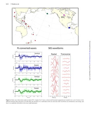614 T. Bodin et al.
Figure 6. Body wave observations made at station FFC, Canada. For P waves, vertical and horizontal components are stacked over a set of events, at two
different locations (blue and green). For SKS data, the waveform of 12 individual events are used (red). SKS waveforms are normalized to unit energy, and
there is no amplitude information in the lower right-hand panel.
byguestonSeptember6,2016http://gji.oxfordjournals.org/Downloadedfrom
 