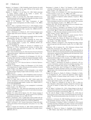 622 T. Bodin et al.
Beghein, C. & Trampert, J., 2004. Probability density functions for radial
anisotropy: implications for the upper 1200 km of the mantle, Earth
planet. Sci. Lett., 217(1), 151–162.
Beghein, C., Trampert, J. & van Heijst, H.J., 2006. Radial anisotropy
in seismic reference models of the mantle, J. geophys. Res.,
111, B02303, doi:10.1029/2005JB003728.
Beghein, C., Snoke, J.A. & Fouch, M.J., 2010. Depth constraints on az-
imuthal anisotropy in the Great Basin from Rayleigh-wave phase velocity
maps, Earth planet. Sci. Lett., 289(3), 467–478.
Beucler, ´E. & Montagner, J.-P., 2006. Computation of large
anisotropic seismic heterogeneities (CLASH), Geophys. J. Int., 165(2),
447–468.
Bianchi, I., Park, J., Agostinetti, N.P. & Levin, V., 2010. Mapping seismic
anisotropy using harmonic decomposition of receiver functions: an appli-
cation to Northern Apennines, Italy, J. geophys. Res., 115(B12), B12317,
doi:10.1029/2009JB007061.
Bianchi, I., Bokelmann, G. & Shiomi, K., 2015. Crustal anisotropy across
northern Japan from receiver functions, J. geophys. Res., 120(7), 4998–
5012.
Bodin, T. & Sambridge, M., 2009. Seismic tomography with the reversible
jump algorithm, Geophys. J. Int., 178(3), 1411–1436.
Bodin, T., Salmon, M., Kennett, B.L.N. & Sambridge, M., 2012a. Prob-
abilistic surface reconstruction from multiple data sets: an example
for the Australian Moho, J. geophys. Res., 117(B10), B10307, doi:
10.1029/2012JB009547.
Bodin, T., Sambridge, M., Tkalˇci´c, H., Arroucau, P., Gallagher, K. &
Rawlinson, N., 2012b. Transdimensional inversion of receiver func-
tions and surface wave dispersion, J. geophys. Res., 117, B02301,
doi:10.1029/2011JB008560.
Bodin, T., Yuan, H. & Romanowicz, B., 2014. Inversion of receiver functions
without deconvolution—application to the Indian craton, Geophys. J. Int.,
196(2), 1025–1033.
Bodin, T., Capdeville, Y., Romanowicz, B. & Montagner, J.-P., 2015. In-
terpreting radial anisotropy in global and regional tomographic models,
in The Earth’s Heterogeneous Mantle, pp. 105–144, eds Khan, A. &
Deschamps, F., Springer.
Box, G.E. & Tiao, G.C., 1973. Bayesian Inference in Statistical Inference,
Addison-Wesley.
Capdeville, Y., Stutzmann, ´E., Wang, N. & Montagner, J.-P., 2013. Resid-
ual homogenization for seismic forward and inverse problems in layered
media, Geophys. J. Int., 194(1), 470–487.
Chevrot, S., 2006. Finite-frequency vectorial tomography: a new method
for high-resolution imaging of upper mantle anisotropy, Geophys. J. Int.,
165(2), 641–657.
Choblet, G., Husson, L. & Bodin, T., 2014. Probabilistic surface reconstruc-
tion of coastal sea level rise during the twentieth century, J. geophys. Res.,
119(12), 9206–9236.
Conrad, C.P., Behn, M.D. & Silver, P.G., 2007. Global mantle ﬂow
and the development of seismic anisotropy: differences between the
oceanic and continental upper mantle, J. geophys. Res., 112(B7), B07317,
doi:10.1029/2006JB004608.
Crampin, S., 1984. An introduction to wave propagation in anisotropic
media, Geophys. J. Int., 76(1), 17–28.
Crampin, S. & Booth, D.C., 1985. Shear-wave polarizations near the North
Anatolian Fault—II. Interpretation in terms of crack-induced anisotropy,
Geophys. J. Int., 83(1), 75–92.
Darbyshire, F.A., Eaton, D.W. & Bastow, I.D., 2013. Seismic imaging of
the lithosphere beneath Hudson Bay: episodic growth of the Laurentian
mantle keel, Earth planet. Sci. Lett., 373, 179–193.
Debayle, E. & Ricard, Y., 2012. A global shear velocity model of the up-
per mantle from fundamental and higher Rayleigh mode measurements,
J. geophys. Res., 117(B10), B10308, doi:10.1029/2012JB009288.
Debayle, E. & Ricard, Y., 2013. Seismic observations of large-scale defor-
mation at the bottom of fast-moving plates, Earth planet. Sci. Lett., 376,
165–177.
Debayle, E., Kennett, B. & Priestley, K., 2005. Global azimuthal seismic
anisotropy and the unique plate-motion deformation of Australia, Nature,
433(7025), 509–512.
Deschamps, F., Lebedev, S., Meier, T. & Trampert, J., 2008. Azimuthal
anisotropy of Rayleigh-wave phase velocities in the east-central United
States, Geophys. J. Int., 173(3), 827–843.
Dettmer, J., Dosso, S.E. & Holland, C.W., 2010. Trans-dimensional geoa-
coustic inversion, J. acoust. Soc. Am., 128(6), 3393–3405.
Dettmer, J., Holland, C.W. & Dosso, S.E., 2013. Transdimensional uncer-
tainty estimation for dispersive seabed sediments, Geophysics, 78(3),
WB63–WB76.
Dettmer, J., Dosso, S.E., Bodin, T., Stipˇcevi´c, J. & Cummins, P.R., 2015.
Direct-seismogram inversion for receiver-side structure with uncertain
source–time functions, Geophys. J. Int., 203(2), 1373–1387.
Dickinson, W.R., 2002. The basin and range province as a composite exten-
sional domain, Int. Geol. Rev., 44(1), 1–38.
Dosso, S.E., Dettmer, J., Steininger, G. & Holland, C.W., 2014. Efﬁcient
trans-dimensional Bayesian inversion for geoacoustic proﬁle estimation,
Inverse Probl., 30(11), 114018, doi:10.1088/0266-5611/30/11/114018.
Duijndam, A., 1988a. Bayesian estimation in seismic inversion. Part I: Prin-
ciples, Geophys. Prospect., 36(8), 878–898.
Duijndam, A., 1988b. Bayesian estimation in seismic inversion. Part II:
uncertainty analysis, , Geophys. Prospect., 36, 899–918.
Duputel, Z., Agram, P.S., Simons, M., Minson, S.E. & Beck, J.L., 2014.
Accounting for prediction uncertainty when inferring subsurface fault
slip, Geophys. J. Int., 197(1), 464–482.
Durand, S., Debayle, E. & Ricard, Y., 2015. Rayleigh wave phase velocity
and error maps up to the ﬁfth overtone, Geophys. Res. Lett., 42(9), 3266–
3272.
Dziewonski, A.M. & Anderson, D.L., 1981. Preliminary reference Earth
model, Phys. Earth planet. Inter., 25(4), 297–356.
Eakin, C.M., Obrebski, M., Allen, R.M., Boyarko, D.C., Brudzinski, M.R. &
Porritt, R., 2010. Seismic anisotropy beneath Cascadia and the Mendocino
triple junction: interaction of the subducting slab with mantle ﬂow, Earth
planet. Sci. Lett., 297(3), 627–632.
Ekstr¨om, G., 2011. A global model of Love and Rayleigh surface wave
dispersion and anisotropy, 25–250 s, Geophys. J. Int., 187(3), 1668–1686.
Farra, V. & Vinnik, L., 2000. Upper mantle stratiﬁcation by P and S receiver
functions, Geophys. J. Int., 141(3), 699–712.
Farra, V., Vinnik, L., Romanowicz, B., Kosarev, G. & Kind, R., 1991. In-
version of teleseismic s particle motion for azimuthal anisotropy in the
upper mantle: a feasibility study, Geophys. J. Int., 106(2), 421–431.
Fichtner, A., Kennett, B.L., Igel, H. & Bunge, H.-P., 2010. Full waveform
tomography for radially anisotropic structure: new insights into present
and past states of the Australasian upper mantle, Earth planet. Sci. Lett.,
290(3), 270–280.
Fontaine, F.R., Barruol, G., Tkalˇci´c, H., W¨olbern, I., R¨umpker, G., Bodin,
T. & Haugmard, M., 2015. Crustal and uppermost mantle structure
variation beneath La R´eunion hotspot track, Geophys. J. Int., 203(1),
107–126.
Forsyth, D.W., 1975. The early structural evolution and anisotropy of the
oceanic upper mantle, Geophys. J. Int., 43(1), 103–162.
Foster, K., Dueker, K., Schmandt, B. & Yuan, H., 2014. A sharp cra-
tonic lithosphere–asthenosphere boundary beneath the American mid-
west and its relation to mantle ﬂow, Earth planet. Sci. Lett., 402,
82–89.
Fox, M., Bodin, T. & Shuster, D.L., 2015a. Abrupt changes in the rate of
andean plateau uplift from reversible jump Markov chain Monte Carlo
inversion of river proﬁles, Geomorphology, 238, 1–14.
Fox, M., Leith, K., Bodin, T., Balco, G. & Shuster, D.L., 2015b. Rate of
ﬂuvial incision in the Central Alps constrained through joint inversion of
detrital 10Be and thermochronometric data, Earth planet. Sci. Lett., 411,
27–36.
Frederiksen, A. & Bostock, M., 2000. Modelling teleseismic waves in dip-
ping anisotropic structures, Geophys. J. Int., 141(2), 401–412.
Fry, B., Deschamps, F., Kissling, E., Stehly, L. & Giardini, D., 2010. Layered
azimuthal anisotropy of Rayleigh wave phase velocities in the European
alpine lithosphere inferred from ambient noise, Earth planet. Sci. Lett.,
297(1), 95–102.
Gallagher, K., Charvin, K., Nielsen, S., Sambridge, M. & Stephenson,
J., 2009. Markov chain Monte Carlo (MCMC) sampling methods to
byguestonSeptember6,2016http://gji.oxfordjournals.org/Downloadedfrom
 