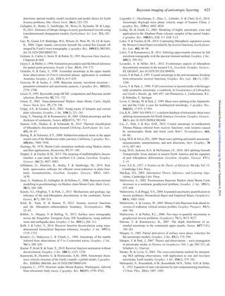 Bayesian imaging of anisotropic layering 623
determine optimal models, model resolution and model choice for Earth
Science problems, Mar. Petrol. Geol., 26(4), 525–535.
Gallagher, K., Bodin, T., Sambridge, M., Weiss, D., Kylander, M. & Large,
D., 2011. Inference of abrupt changes in noisy geochemical records using
transdimensional changepoint models, Earth planet. Sci. Lett., 311, 182–
194.
Gao, W., Grand, S.P., Baldridge, W.S., Wilson, D., West, M., Ni, J.F. & Aster,
R., 2004. Upper mantle convection beneath the central Rio Grande rift
imaged by P and S wave tomography, J. geophys. Res., 109(B3), B03305,
doi:10.1029/2003JB002743.
Gelman, A., Carlin, J., Stern, H. & Rubin, D., 1995. Bayesian Data Analysis,
Chapman & Hall.
Geyer, C. & Møller, J., 1994. Simulation procedures and likelihood inference
for spatial point processes, Scand. J. Stat., 21(4), 359–373.
Girardin, N. & Farra, V., 1998. Azimuthal anisotropy in the upper mantle
from observations of P-to-S converted phases: application to southeast
Australia, Geophys. J. Int., 133(3), 615–629.
Gouveia, W. & Scales, J., 1998. Bayesian seismic waveform inversion—
parameter estimation and uncertainty analysis, J. geophys. Res., 103(B2),
2759–2780.
Green, P., 1995. Reversible jump MCMC computation and Bayesian model
selection, Biometrika, 82, 711–732.
Green, P., 2003. Trans-dimensional Markov chain Monte Carlo, Highly
Struct. Stoch. Syst., 27, 179–198.
Gripp, A.E. & Gordon, R.G., 2002. Young tracks of hotspots and current
plate velocities, Geophys. J. Int., 150(2), 321–361.
Gung, Y., Panning, M. & Romanowicz, B., 2003. Global anisotropy and the
thickness of continents, Nature, 422(6933), 707–711.
Hansen, S.M., Dueker, K. & Schmandt, B., 2015. Thermal classiﬁcation
of lithospheric discontinuities beneath USArray, Earth planet. Sci. Lett.,
431, 36–47.
Hartog, R. & Schwartz, S.Y., 2000. Subduction-induced strain in the upper
mantle east of the Mendocino triple junction, California, J. geophys. Res.,
105(B4), 7909–7930.
Hastings, W., 1970. Monte Carlo simulation methods using Markov chains
and their applications, Biometrika, 57, 97–109.
Hopper, E. & Fischer, K.M., 2015. The meaning of midlithospheric discon-
tinuities: a case study in the northern U.S. craton, Geochem. Geophys.
Geosyst., 16(12), 4057–4083.
Iaffaldano, G., Hawkins, R., Bodin, T. & Sambridge, M., 2014. Red-
back: open-source software for efﬁcient noise-reduction in plate kine-
matic reconstructions, Geochem. Geophys. Geosyst., 15(4), 1663–
1670.
Jasra, A., Stephens, D., Gallagher, K. & Holmes, C., 2006. Bayesian mixture
modelling in geochronology via Markov chain Monte Carlo, Math. Geol.,
38(3), 269–300.
Karato, S.I., Olugboji, T. & Park, J., 2015. Mechanisms and geologic sig-
niﬁcance of the mid-lithosphere discontinuity in the continents, Nature
Geosci., 8(7), 509–514.
Kind, R., Yuan, X. & Kumar, P., 2012. Seismic receiver functions
and the lithosphere–asthenosphere boundary, Tectonophysics, 536,
25–43.
K¨ohler, A., Maupin, V. & Balling, N., 2015. Surface wave tomography
across the Sorgenfrei–Tornquist Zone, SW Scandinavia, using ambient
noise and earthquake data, Geophys. J. Int., 203(1), 284–311.
Kolb, J. & Leki´c, V., 2014. Receiver function deconvolution using trans-
dimensional hierarchical Bayesian inference, Geophys. J. Int., 197(3),
1719–1735.
Kosarev, G., Makeyeva, L. & Vinnik, L., 1984. Anisotropy of the mantle
inferred from observations of P to S converted waves, Geophys. J. Int.,
76(1), 209–220.
Kumar, P., Kind, R. & Yuan, X., 2010. Receiver function summation without
deconvolution, Geophys. J. Int., 180(3), 1223–1230.
Kustowski, B., Ekstr¨om, G. & Dziewo´nski, A.M., 2008. Anisotropic shear-
wave velocity structure of the Earth’s mantle: a global model, J. geophys.
Res., 113(B6), B06306, doi:10.1029/2007JB005169.
Langston, C., 1979. Structure under Mount Rainier, Washington, inferred
from teleseismic body waves, J. geophys. Res., 84(B9), 4749–4762.
Legendre, C., Deschamps, F., Zhao, L., Lebedev, S. & Chen, Q.-F., 2014.
Anisotropic Rayleigh wave phase velocity maps of Eastern China, J.
geophys. Res., 119(6), 4802–4820.
Leidig, M. & Zandt, G., 2003. Modeling of highly anisotropic crust and
application to the Altiplano-Puna volcanic complex of the central Andes,
J. geophys. Res., 108(B1), ESE 5-1–ESE 5-15.
Leki´c, V. & Fischer, K.M., 2014. Contrasting lithospheric signatures across
the Western United States revealed by Sp receiver functions, Earth planet.
Sci. Lett., 402, 90–98.
Leki´c, V. & Romanowicz, B., 2011. Inferring upper-mantle structure by full
waveform tomography with the spectral element method, Geophys. J. Int.,
185(2), 799–831.
Levander, A. & Miller, M.S., 2012. Evolutionary aspects of lithosphere
discontinuity structure in the western U.S., Geochem. Geophys. Geosyst.,
13, Q0AK07, doi:10.1029/2012GC004056.
Levin, V. & Park, J., 1997. Crustal anisotropy in the ural mountains foredeep
from teleseismic receiver functions, Geophys. Res. Lett., 24(11), 1283–
1286.
Levin, V. & Park, J., 1998. P-SH conversions in layered media with hexago-
nally symmetric anisotropy: a cookbook, in Geodynamics of Lithosphere
and Earth’s Mantle, pp. 669–697, eds Plomerov´a, J., Liebermann, R.C.
& Babuˇska, V., Springer.
Levin, V., Menke, W. & Park, J., 1999. Shear wave splitting in the Appalachi-
ans and the Urals: a case for multilayered anisotropy, J. geophys. Res.,
104(B8), 17 975–17 993.
Liu, K.H., 2009. NA-SWS-1.1: a uniform database of teleseismic shear wave
splitting measurements for North America, Geochem. Geophys. Geosyst.,
10(5), doi:10.1029/2009GC002440.
Liu, Z., Park, J. & Rye, D.M., 2015. Crustal anisotropy in northeastern
Tibetan Plateau inferred from receiver functions: rock textures caused
by metamorphic ﬂuids and lower crust ﬂow?, Tectonophysics, 661,
66–80.
Long, M.D. & Silver, P.G., 2009. Shear wave splitting and mantle anisotropy:
measurements, interpretations, and new directions, Surv. Geophys., 30
(4-5), 407–461.
Long, M.D., Jackson, K.G. & McNamara, J.F., 2016. SKS splitting beneath
Transportable Array stations in eastern North America and the signature
of past lithospheric deformation, Geochem. Geophys. Geosyst, 17(1),
2–15.
Love, A.E.H., 1927. A Treatise on the Theory of Elasticity, 4th edn, Vol. 15,
Cambridge Univ. Press.
MacKay, D.J., 2003. Information Theory, Inference, and Learning Algo-
rithms, Cambridge Univ. Press.
Malinverno, A., 2002. Parsimonious Bayesian Markov chain Monte Carlo
inversion in a nonlinear geophysical problem, Geophys. J. Int., 151(3),
675–688.
Malinverno, A. & Briggs, V.A., 2004. Expanded uncertainty quantiﬁcation in
inverse problems: Hierarchical Bayes and Empirical Bayes, Geophysics,
69(4), 1005–1016.
Malinverno, A. & Leaney, W., 2005. Monte-Carlo Bayesian look-ahead in-
version of walkaway vertical seismic proﬁles, Geophys. Prospect., 53(5),
689–703.
Malinverno, A. & Parker, R.L., 2006. Two ways to quantify uncertainty in
geophysical inverse problems, Geophysics, 71(3), W15–W27.
Marone, F. & Romanowicz, B., 2007. The depth distribution of az-
imuthal anisotropy in the continental upper mantle, Nature, 447(7141),
198–201.
Maupin, V., 1985. Partial derivatives of surface wave phase velocities for
ﬂat anisotropic models, Geophys. J. Int., 83(2), 379–398.
Maupin, V. & Park, J., 2007. Theory and observations – wave propagation
in anisotropic media, in Treatise on Geophysics, Vol. 1, pp. 289–321, ed.
Schubert, G., Elsevier.
Menke, W. & Levin, V., 2003. The cross-convolution method for interpret-
ing SKS splitting observations, with application to one and two-layer
anisotropic Earth models, Geophys. J. Int., 154(2), 379–392.
Metropolis, N., Rosenbluth, A.W., Rosenbluth, M.N., Teller, A.H. & Teller,
E., 1953. Equation of state calculations by fast computationing machines,
J. Chem. Phys., 21(6), 1087–1092.
byguestonSeptember6,2016http://gji.oxfordjournals.org/Downloadedfrom
 