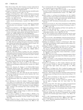 624 T. Bodin et al.
Miller, M.S. & Eaton, D.W., 2010. Formation of cratonic mantle keels by
arc accretion: evidence from S receiver functions, Geophys. Res. Lett.,
37(18), L18305, doi:10.1029/2010GL044366.
Montagner, J.-P. & Guillot, L., 2002. Seismic anisotropy and global geody-
namics, Rev. Mineral. Geochem., 51(1), 353–385.
Montagner, J.-P. & Nataf, H.-C., 1986. A simple method for inverting the
azimuthal anisotropy of surface waves, J. geophys. Res., 91(B1), 511–520.
Montagner, J.-P. & Nataf, H.-C., 1988. Vectorial tomography. I. Theory,
Geophys. J. Int., 94(2), 295–307.
Montagner, J.-P. & Tanimoto, T., 1991. Global upper mantle tomography of
seismic velocities and anisotropies, J. geophys. Res., 96(B12), 20 337–
20 351.
Montagner, J.-P., Griot-Pommera, D.-A. & Lav´e, J., 2000. How to relate body
wave and surface wave anisotropy?, J. geophys. Res., 105(B8), 19 015–
19 027.
Mosegaard, K. & Tarantola, A., 1995. Monte Carlo sampling of solutions
to inverse problems, J. geophys. Res., 100(B7), 12 431–12 447.
Nettles, M. & Dziewo´nski, A.M., 2008. Radially anisotropic shear velocity
structure of the upper mantle globally and beneath North America, J.
geophys. Res., 113(B2), B02303, doi:10.1029/2006JB004819.
Obrebski, M. & Castro, R.R., 2008. Seismic anisotropy in northern and cen-
tral gulf of California region, Mexico, from teleseismic receiver functions
and new evidence of possible plate capture, J. geophys. Res., 113(B3),
B03301, doi:10.1029/2007JB005156.
Obrebski, M., Castro, R.R., Valenzuela, R.W., van Benthem, S. & Rebollar,
C.J., 2006. Shear-wave splitting observations at the regions of northern
Baja California and southern Basin and Range in Mexico, Geophys. Res.
Lett., 33(5), L05302, doi:10.1029/2005GL024720.
Obrebski, M., Kiselev, S., Vinnik, L. & Montagner, J.-P., 2010.
Anisotropic stratiﬁcation beneath Africa from joint inversion of
SKS and P receiver functions, J. geophys. Res., 115(B9), B09313,
doi:10.1029/2009JB006923.
Obrebski, M., Allen, R.M., Pollitz, F. & Hung, S.-H., 2011. Lithosphere–
asthenosphere interaction beneath the Western United States from the joint
inversion of body-wave traveltimes and surface-wave phase velocities,
Geophys. J. Int., 185(2), 1003–1021.
Park, J., 1996. Surface waves in layered anisotropic structures, Geophys. J.
Int., 126(1), 173–183.
Park, J. & Levin, V., 2000. Receiver functions from multiple-taper spectral
correlation estimates, Bull. seism. Soc. Am., 90(6), 1507–1520.
Pasyanos, M.E., Masters, T.G., Laske, G. & Ma, Z., 2014. LITHO1.0: an
updated crust and lithospheric model of the Earth, J. geophys. Res., 119(3),
2153–2173.
Pedersen, H.A., Bruneton, M., Maupin, V., & SVEKALAPKO Seismic
Tomography Working Group, 2006. Lithospheric and sublithospheric
anisotropy beneath the Baltic shield from surface-wave array analysis,
Earth planet. Sci. Lett., 244(3), 590–605.
Peng, X. & Humphreys, E.D., 1997. Moho dip and crustal anisotropy in
northwestern Nevada from teleseismic receiver functions, Bull. seism.
Soc. Am., 87(3), 745–754.
Piana Agostinetti, N. & Malinverno, A., 2010. Receiver function inversion
by trans-dimensional Monte Carlo sampling, Geophys. J. Int., 181(2),
858–872.
Pilia, S., Rawlinson, N., Cayley, R.A., Bodin, T., Musgrave, R., Reading,
A.M., Direen, N.G. & Young, M.K., 2015. Evidence of micro-continent
entrainment during crustal accretion, Sci. Rep., 5, doi:10.1038/srep08218.
Plomerov´a, J. & Babuˇska, V., 2010. Long memory of mantle lithosphere
fabric—European LAB constrained from seismic anisotropy, Lithos,
120(1), 131–143.
Plomerov´a, J., Kouba, D. & Babuˇska, V., 2002. Mapping the lithosphere–
asthenosphere boundary through changes in surface-wave anisotropy,
Tectonophysics, 358(1), 175–185.
Rader, E., Emry, E., Schmerr, N., Frost, D., Cheng, C., Menard, J., Yu,
C.-Q. & Geist, D., 2015. Characterization and petrological constraints of
the midlithospheric discontinuity, Geochem. Geophys. Geosyst., 16(10),
3484–3504.
Ramesh, D., Kind, R. & Yuan, X., 2002. Receiver function analysis of the
North American crust and upper mantle, Geophys. J. Int., 150(1), 91–108.
Rau, C.J. & Forsyth, D.W., 2011. Melt in the mantle beneath the amagmatic
zone, Southern Nevada, Geology, 39(10), 975–978.
Ray, A., Key, K., Bodin, T., Myer, D. & Constable, S., 2014. Bayesian
inversion of marine CSEM data from the Scarborough gas ﬁeld using
a transdimensional 2-D parametrization, Geophys. J. Int., 199(3), 1847–
1860.
Ritsema, J., Deuss, A., van Heijst, H.J. & Woodhouse, J.H., 2011. S40RTS:
a degree-40 shear-velocity model for the mantle from new Rayleigh wave
dispersion, teleseismic traveltime and normal-mode splitting function
measurements, Geophys. J. Int., 184(3), 1223–1236.
Romanowicz, B., 2009. The thickness of tectonic plates, Science, 324(5926),
474–476.
Romanowicz, B. & Yuan, H., 2012. On the interpretation of SKS splitting
measurements in the presence of several layers of anisotropy, Geophys. J.
Int., 188(3), 1129–1140.
Rosenthal, J., 2000. Parallel computing and Monte Carlo algorithms, Far
East J. Theor. Stat., 4(2), 207–236.
Rychert, C.A. & Shearer, P.M., 2009. A global view of the lithosphere-
asthenosphere boundary, Science, 324(5926), 495–498.
Saito, M., 1967. Excitation of free oscillations and surface waves by a point
source in a vertically heterogeneous earth, J. geophys. Res., 72(14), 3689–
3699.
Saito, M.A.S.A.N.O.R.I., 1988. DISPER80: a subroutine package for the cal-
culation of seismic normal-mode solutions, in Seismological Algorithms,
pp. 293–319, ed. Doornbos, D., Elsevier.
Sambridge, M., Gallagher, K., Jackson, A. & Rickwood, P., 2006. Trans-
dimensional inverse problems, model comparison and the evidence, Geo-
phys. J. Int., 167(2), 528–542.
Sambridge, M., Bodin, T., Gallagher, K. & Tkalˇci´c, H., 2013. Transdimen-
sional inference in the geosciences, Phil. Trans. R. Soc. Lond. A: Math.
Phys. Eng. Sci., 371(1984), 20110547, doi:10.1098/rsta.2011.0547.
Savage, M. & Sheehan, A., 2000. Seismic anisotropy and mantle ﬂow from
the Great Basin to the Great Plains, western United States, J. geophys.
Res., 105(B6), 13 715–13 734.
Savage, M.K., 1998. Lower crustal anisotropy or dipping boundaries? Effects
on receiver functions and a case study in New Zealand, J. geophys. Res.,
103(B7), 15 069–15 087.
Schaeffer, A. & Lebedev, S., 2014. Imaging the North American continent
using waveform inversion of global and USArray data, Earth planet. Sci.
Lett., 402, 26–41.
Schmandt, B. & Humphreys, E., 2010. Complex subduction and small-
scale convection revealed by body-wave tomography of the west-
ern United States upper mantle, Earth planet. Sci. Lett., 297(3),
435–445.
Schulte-Pelkum, V. & Mahan, K.H., 2014. A method for mapping crustal
deformation and anisotropy with receiver functions and ﬁrst results from
USArray, Earth planet. Sci. Lett., 402, 221–233.
Sedlock, R.L., 2003. Geology and tectonics of the Baja California Peninsula
and adjacent areas, in Geological Society of America Special Papers, 374,
pp. 1–42.
Selway, K., Ford, H. & Kelemen, P., 2015. The seismic mid-lithosphere
discontinuity, Earth planet. Sci. Lett., 414, 45–57.
Silver, P.G., 1996. Seismic anisotropy beneath the continents: prob-
ing the depths of geology, Annu. Rev. Earth Planet. Sci., 24,
385–432.
Silver, P.G. & Chan, W.W., 1991. Shear wave splitting and subcontinental
mantle deformation, J. geophys. Res., 96(B10), 16 429–16 454.
Silver, P.G. & Savage, M.K., 1994. The interpretation of shear-wave splitting
parameters in the presence of two anisotropic layers, Geophys. J. Int.,
119(3), 949–963.
Simons, F.J., van der Hilst, R.D., Montagner, J.-P. & Zielhuis, A., 2002.
Multimode rayleigh wave inversion for heterogeneity and azimuthal
anisotropy of the Australian upper mantle, Geophys. J. Int., 151(3), 738–
754.
Sisson, S., 2005. Transdimensional Markov chains: a decade of progress
and future perspectives, J. Am. Stat. Assoc., 100(471), 1077–1090.
Smith, A., 1991. Bayesian computational methods, Phil. Trans.: Phys. Sci.
Eng., 337(1647), 369–386.
byguestonSeptember6,2016http://gji.oxfordjournals.org/Downloadedfrom
 