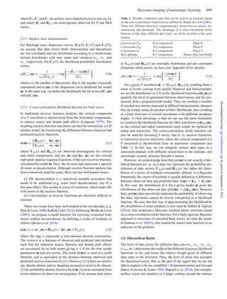 Bayesian imaging of anisotropic layering 609
where C0, C1 and C2 are surface wave dispersion curves (see eq. 6),
and where dP and dSKS are seismograms observed for P and SKS
waves.
2.5.1 Surface wave measurements
For Rayleigh wave dispersion curves (C0(T), C1(T) and C2(T)),
we assume that data errors (both observational and theoretical)
are not correlated and are distributed according to a multivariate
normal distribution with zero mean and variances σC0
, σC1
and
σC2
respectively. For C0(T), the likelihood probability distribution
writes:
p(C0 | m) =
1
(
√
2πσC0
)n
× exp
− C0 − c0(m) 2
2σ2
C0
, (10)
where n is the number of data points, that is, the number of periods
considered and c0(m) is the dispersion curve predicted for model
m. In the same way, we deﬁne the likelihoods for 2ψ terms p(C1|m)
and p(C2|m).
2.5.2 A cross-convolution likelihood function for body waves
In traditional receiver function analysis, the vertical component
of a P waveform is deconvolved from the horizontal components,
to remove source and distant path effects (Langston 1979). The
resulting receiver function waveform can then be inverted for a 1-D
seismic model, by minimizing the difference between observed and
predicted receiver functions:
φ(m) =
Hobs(t)
Vobs(t)
−
h(t, m)
v(t, m)
, (11)
where Vobs(t) and Hobs(t) are observed seismograms for vertical
and radial components, and v(t, m) and h(t, m) are the vertical
and radial impulse response functions of the near receiver structure,
calculated for model m. Here, the division sign represents a spectral
division, or deconvolution. Although receiver function analysis has
been extensively used for years, there are two well-known issues:
(i) The deconvolution is a numerical unstable procedure that
needs to be stabilized (e.g. water level deconvolution; use of a
low-pass ﬁlter). This results in a loss of resolution, which trade-offs
with errors in the receiver function.
(ii) Uncertainties in receiver functions are therefore difﬁcult to
estimate.
These two issues have been well studied in the last decades (e.g.
Park & Levin 2000; Kolb & Leki´c 2014). Following Menke & Levin
(2003), we propose a misﬁt function for inverting converted body
waves without deconvolution, by deﬁning a vector of residuals as
follows (Bodin et al. 2014):
r(m, t) = v(t, m) ∗ Hobs(t) − h(t, m) ∗ Vobs(t), (12)
where the sign ∗ represents a time-domain discrete convolution.
The vector r is a function of observed and predicted data deﬁned
such that the unknown source function and distant path effects
are accounted for in both terms giving r = 0 for the true model
parameters m and zero errors. The norm r(m) is used as a misﬁt
function, and is equivalent to the distance between observed and
predicted receiver functions in (11). However, (1) it does not involve
any deconvolution and no damping parameters need to be chosen;
(2) the probability density function for r(m, t) can be estimated from
errors statistics in observed seismograms. If we assume that errors
Table 1. Possible component pairs that can be used in an inversion based
on the cross-convolution misﬁt function deﬁned by Menke & Levin (2003).
These four different pairs have complementary sensitivities to seismic dis-
continuities and anisotropy. The advantage of a cross-convolution misﬁt
function is that these different data types can all be inverted in the same
manner.
Conversions PSV R-Z components Phase P
Conversions PSH T-Z components Phase P
Conversions SP R-Z components Phase S
SKS splitting R-T components Phases SKS and SKKS
in Vobs(t) and Hobs(t) are normally distributed and not correlated
(Gaussian white noise), we have (see Appendix B for details):
p(r | m) =
1
(
√
2πσp)n
× exp
− r(m) 2
2σ2
p
. (13)
For a given P waveform dp = [Vobs(t), Hobs(t)], resulting from a
stack of events coming from similar distances and backazimuths,
we use the distribution in (13) as the likelihood function p(dp|m) to
quantify the level of agreement between observations and the pre-
dictions from a proposed earth model. Then, we combine a number
of stacked waveforms measured at different backazimuths–distance
bins by simply using the product of their likelihoods, thus resulting
in a joint inversion of several waveforms with different incidence
angles. A clear advantage is that we can use the same formalism
to construct the likelihood function for SKS waveforms p(dSKS|m),
as the vertical and radial components need simply be replaced by
radial and transverse. The cross-convolution misﬁt function can
also be used for incoming S waves, that is, SP receiver functions,
or transverse receiver functions, where the vertical component of a
P waveform is deconvolved from its transverse component (see
Table 1). In this way, we can integrate various data types in a
consistent manner, with different sensitivities to the isotropic and
anisotropic seismic structure beneath a station.
However, we acknowledge here that p(r|m) is not exactly a like-
lihood function per se, as it does not represent the probability dis-
tribution of data vectors Vobs(t) and Hobs(t), but rather the distri-
bution of a vector of residuals conveniently deﬁned. In a Bayesian
framework, the vector of residuals is usually deﬁned as a difference
between observed data and predicted data: r(m) = dobs − dest(m).
In this case, the distribution of r for a given model m gives the
distribution of the observed data (p(r|m) = p(dobs|m)). However
here, p(r|m) does not strictly represent the probability of observing
the data, and hence cannot be strictly interpreted as a likelihood
function. We note that this way of approximating the likelihood by
the distribution of some residuals is also used by St¨ahler & Sigloch
(2014), who proposed a Bayesian moment tensor inversion based
on a cross-correlation misﬁt function. For a fully rigorous Bayesian
approach to inversion of converted body waves, we refer the reader
to Dettmer et al. (2015), who treated the source time function as an
unknown in the problem.
2.6 Hierachical Bayes
The level of data errors for different data sets (σC0
, σC1
, σC2
, σp,
σSKS, etc.) determines the width of the different Gaussian likelihood
functions in (9), and hence the relative weight given to different
data types in the inversion. Here, the level of noise also accounts
for theoretical errors, that is, the part of the signal that we are not
able to explain with our simpliﬁed 1-D parametrization and forward
theory (Gouveia & Scales 1998; Duputel et al. 2014). For example,
surface waves are sensitive to a larger volume around the station,
byguestonSeptember6,2016http://gji.oxfordjournals.org/Downloadedfrom
 