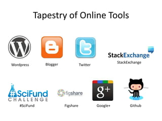 Tapestry of Online Tools



                                                        StackExchange
Wordpress      Blogger              Twitter




    #SciFund             Figshare             Google+         Github
 