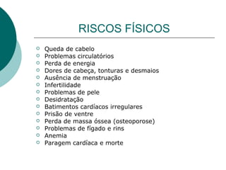 RISCOS FÍSICOS
 Queda de cabelo
 Problemas circulatórios
 Perda de energia
 Dores de cabeça, tonturas e desmaios
 Ausência de menstruação
 Infertilidade
 Problemas de pele
 Desidratação
 Batimentos cardíacos irregulares
 Prisão de ventre
 Perda de massa óssea (osteoporose)
 Problemas de fígado e rins
 Anemia
 Paragem cardíaca e morte
 