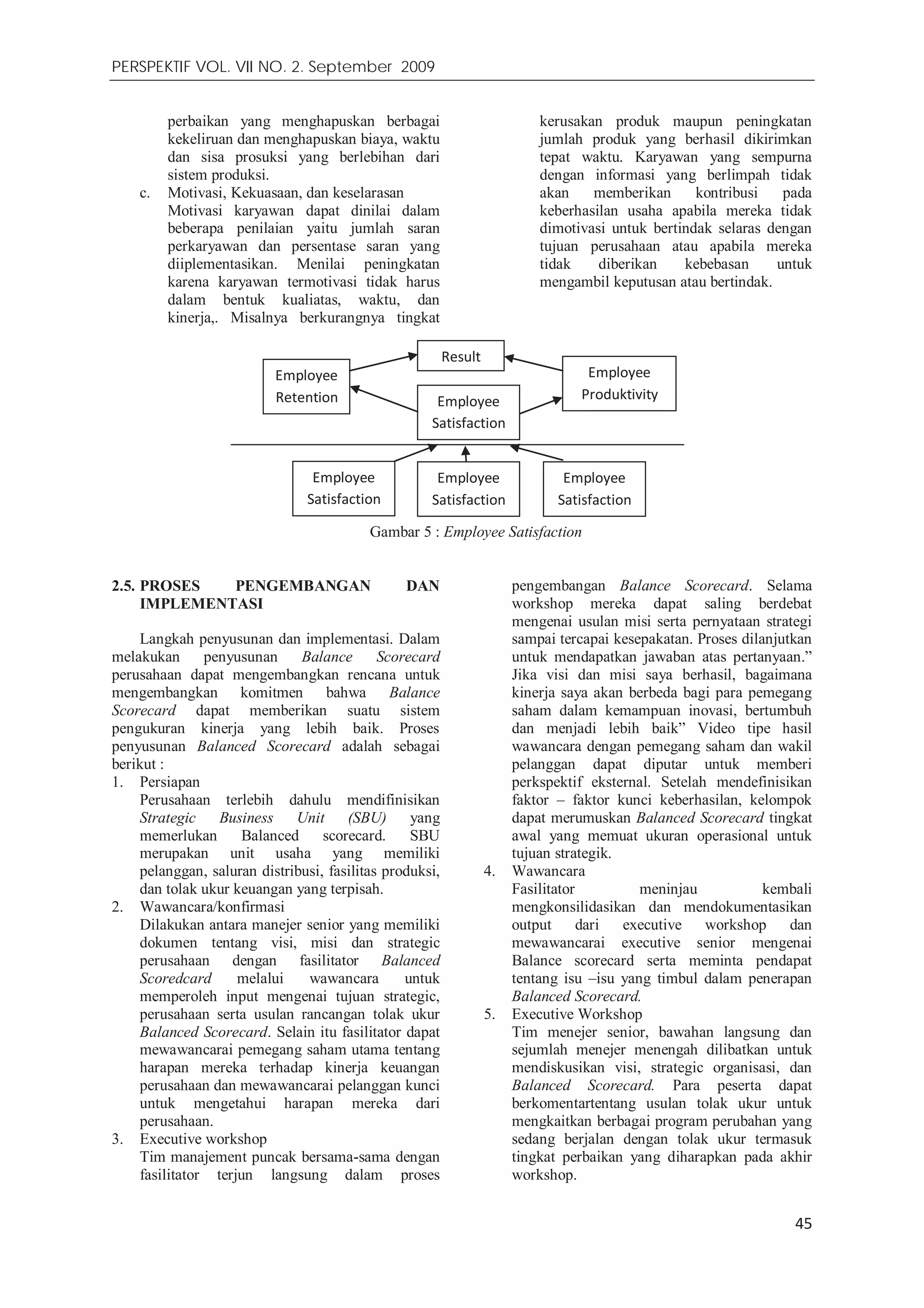 PERSPEKTIF VOL. VII NO. 2. September 2009
45
perbaikan yang menghapuskan berbagai
kekeliruan dan menghapuskan biaya, waktu
dan sisa prosuksi yang berlebihan dari
sistem produksi.
c. Motivasi, Kekuasaan, dan keselarasan
Motivasi karyawan dapat dinilai dalam
beberapa penilaian yaitu jumlah saran
perkaryawan dan persentase saran yang
diiplementasikan. Menilai peningkatan
karena karyawan termotivasi tidak harus
dalam bentuk kualiatas, waktu, dan
kinerja,. Misalnya berkurangnya tingkat
kerusakan produk maupun peningkatan
jumlah produk yang berhasil dikirimkan
tepat waktu. Karyawan yang sempurna
dengan informasi yang berlimpah tidak
akan memberikan kontribusi pada
keberhasilan usaha apabila mereka tidak
dimotivasi untuk bertindak selaras dengan
tujuan perusahaan atau apabila mereka
tidak diberikan kebebasan untuk
mengambil keputusan atau bertindak.
Gambar 5 : Employee Satisfaction
2.5. PROSES PENGEMBANGAN DAN
IMPLEMENTASI
Langkah penyusunan dan implementasi. Dalam
melakukan penyusunan Balance Scorecard
perusahaan dapat mengembangkan rencana untuk
mengembangkan komitmen bahwa Balance
Scorecard dapat memberikan suatu sistem
pengukuran kinerja yang lebih baik. Proses
penyusunan Balanced Scorecard adalah sebagai
berikut :
1. Persiapan
Perusahaan terlebih dahulu mendifinisikan
Strategic Business Unit (SBU) yang
memerlukan Balanced scorecard. SBU
merupakan unit usaha yang memiliki
pelanggan, saluran distribusi, fasilitas produksi,
dan tolak ukur keuangan yang terpisah.
2. Wawancara/konfirmasi
Dilakukan antara manejer senior yang memiliki
dokumen tentang visi, misi dan strategic
perusahaan dengan fasilitator Balanced
Scoredcard melalui wawancara untuk
memperoleh input mengenai tujuan strategic,
perusahaan serta usulan rancangan tolak ukur
Balanced Scorecard. Selain itu fasilitator dapat
mewawancarai pemegang saham utama tentang
harapan mereka terhadap kinerja keuangan
perusahaan dan mewawancarai pelanggan kunci
untuk mengetahui harapan mereka dari
perusahaan.
3. Executive workshop
Tim manajement puncak bersama-sama dengan
fasilitator terjun langsung dalam proses
pengembangan Balance Scorecard. Selama
workshop mereka dapat saling berdebat
mengenai usulan misi serta pernyataan strategi
sampai tercapai kesepakatan. Proses dilanjutkan
untuk mendapatkan jawaban atas pertanyaan.”
Jika visi dan misi saya berhasil, bagaimana
kinerja saya akan berbeda bagi para pemegang
saham dalam kemampuan inovasi, bertumbuh
dan menjadi lebih baik” Video tipe hasil
wawancara dengan pemegang saham dan wakil
pelanggan dapat diputar untuk memberi
perkspektif eksternal. Setelah mendefinisikan
faktor – faktor kunci keberhasilan, kelompok
dapat merumuskan Balanced Scorecard tingkat
awal yang memuat ukuran operasional untuk
tujuan strategik.
4. Wawancara
Fasilitator meninjau kembali
mengkonsilidasikan dan mendokumentasikan
output dari executive workshop dan
mewawancarai executive senior mengenai
Balance scorecard serta meminta pendapat
tentang isu –isu yang timbul dalam penerapan
Balanced Scorecard.
5. Executive Workshop
Tim menejer senior, bawahan langsung dan
sejumlah menejer menengah dilibatkan untuk
mendiskusikan visi, strategic organisasi, dan
Balanced Scorecard. Para peserta dapat
berkomentartentang usulan tolak ukur untuk
mengkaitkan berbagai program perubahan yang
sedang berjalan dengan tolak ukur termasuk
tingkat perbaikan yang diharapkan pada akhir
workshop.
Result
Employee
Retention
Employee
Produktivity
Employee
Satisfaction
Employee
Satisfaction
Employee
Satisfaction
Employee
Satisfaction
 