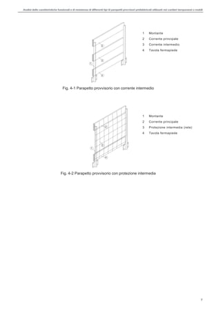 Analisi delle caratteristiche funzionali e di resistenza di differentitipi di parapettiprovvisori prefabbricatiutilizzati nei cantieri temporanei o mobili
7
3
1
4
2
Fig. 4-1 Parapetto provvisorio con corrente intermedio
3
4
1
2
Fig. 4-2 Parapetto provvisorio con protezione intermedia
1 Montante
2 Corrente principale
3 Corrente intermedio
4 Tavola fermapiede
1 Montante
2 Corrente principale
3 Protezione intermedia (rete)
4 Tavola fermapiede
 