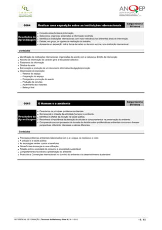l Identificação de instituições internacionais organizadas de acordo com a natureza e âmbito de intervenção
l Recolha de informação de carácter geral e de carácter selectivo
l Tratamento da informação
l Direitos de autor
l Estruturação e produção de um documento informativo/divulgação/promoção
l Organização da exposição
¡ Reserva do espaço
¡ Preparação do espaço
¡ Divulgação e promoção do evento
¡ Produção de convites
¡ Acolhimento dos visitantes
¡ Balanço final
6664 Realizar uma exposição sobre as instituições internacionais
Carga horária
50 horas
 
Resultados da
Aprendizagem
l Consulta várias fontes de informação.
l Selecciona, organiza e sistematiza a informação recolhida.
l Identifica as instituições internacionais com maior relevância nas diferentes áreas de intervenção.
l Debate, em grupo, as opções de realização do trabalho.
l Apresenta em exposição, sob a forma de cartaz ou de outro suporte, uma instituição internacional.
 
Conteúdos
l Principais problemas ambientais relacionados com o ar, a água, os resíduos e o ruído
l A poluição e a saúde pública
l As tecnologias verdes: custos e benefícios
l Novas fontes de energia e a sua utilização
l Relação entre a sociedade de consumo e a sociedade sustentável
l Comportamentos favoráveis à preservação do ambiente
l Protocolos e Convenções internacionais no domínio do ambiente e do desenvolvimento sustentável
6665 O Homem e o ambiente
Carga horária
25 horas
 
Resultados da
Aprendizagem
l Caracteriza os principais problemas ambientais.
l Compreende o impacte da actividade humana no ambiente.
l Identifica os efeitos da poluição na saúde pública.
l Reconhece a importância da alteração de atitudes e comportamentos na preservação do ambiente.
l Compreende que nos processos de tomada de decisão sobre problemáticas ambientais concorrem diversas 
perspectivas reflectindo interesses e valores diferentes.
 
Conteúdos
   
REFERENCIAL DE FORMAÇÃO | Técnico/a de Marketing - Nível 4 | 14-11-2012  14 / 45
 