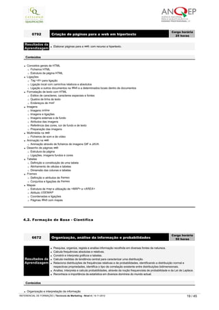 l Conceitos gerais de HTML
¡ Ficheiros HTML
¡ Estrutura da página HTML
l Ligações
¡ Tag <A> para ligação
¡ Ligação local com caminhos relativos e absolutos
¡ Ligação a outros documentos na Web e a determinados locais dentro de documentos
l Formatação de texto com HTML
¡ Estilos de caracteres, caracteres especiais e fontes
¡ Quebra de linha de texto
¡ Endereços de mail
l Imagens
¡ Imagens online
¡ Imagens e ligações
¡ Imagens externas e de fundo
¡ Atributos das imagens
¡ Referência das cores, cor de fundo e de texto
¡ Preparação das imagens
l Multimédia na web
¡ Ficheiros de som e de vídeo
l Animação na web
¡ Animação através de ficheiros de imagens GIF e JAVA
l Desenho de páginas web
¡ Estrutura da página
¡ Ligações, imagens fundos e cores
l Tabelas
¡ Definição e constituição de uma tabela
¡ Alinhamento de células e tabelas
¡ Dimensão das colunas e tabelas
l Frames
¡ Definição e atributos de frames
¡ Conjuntos e ligações de frames
l Mapas
¡ Estrutura de map e utilização de <MAP> e <AREA>
¡ Atributo USEMAP
¡ Coordenadas e ligações
¡ Páginas Web com mapas
0792 Criação de páginas para a web em hipertexto
Carga horária
25 horas
 
Resultados da
Aprendizagem
l Elaborar páginas para a web, com recurso a hipertexto.
 
Conteúdos
4.2. Formação de Base - Científica
l Organização e interpretação da informação
6672 Organização, análise da informação e probabilidades
Carga horária
50 horas
 
Resultados da
Aprendizagem
l Pesquisa, organiza, regista e analisa informação recolhida em diversas fontes da natureza.
l Calcula frequências absolutas e relativas.
l Constrói e interpreta gráficos e tabelas.
l Calcula medidas de tendência central para caracterizar uma distribuição.
l Relaciona distribuições de frequências relativas e de probabilidades, identificando a distribuição normal e 
respectivas propriedades, identifica o tipo de correlação existente entre distribuições bidimensionais.
l Analisa, interpreta e calcula probabilidades, através da noção frequencista de probabilidade e da Lei de Laplace.
l Reconhece a importância da estatística em diversos domínios do mundo actual.
 
Conteúdos
   
REFERENCIAL DE FORMAÇÃO | Técnico/a de Marketing - Nível 4 | 14-11-2012  19 / 45
 