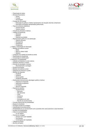 ¡ Organização de dados
¡ Números fraccionários
-   Dízima
-   Fracção
-   Percentagem
¡ Funções de uma variável
-   Elaboração de gráficos e tabelas representativos de situações descritas verbalmente
-   Descrição de situações representadas graficamente
¡ Tipos de caracteres estatísticos
-   Variável discreta
-   Variável contínua
¡ Frequências absolutas e relativas
¡ Tabelas de frequências
-   Absolutas
-   Relativas
-   Relativas acumuladas
¡ Representação gráfica de uma distribuição
-   Gráficos de barras
-   Sectogramas
-   Histogramas
-   Pictogramas
l Análise e interpretação da informação
¡ Medidas de tendência central
-   Média
-   Moda ou classe modal
-   Mediana
¡ Limitações das medidas de tendência central
¡ Distribuições de frequências
¡ Comparação de distribuições
l Estatística e Probabilidades
¡ Utilidade da Estatística na vida moderna
¡ Estatística descritiva e indutiva
¡ Conceito de população e amostra
-   Recenseamento e sondagem
¡ Escolha de amostras
¡ Medidas de tendência central
¡ Diagramas de extremos e quartis
¡ Medidas de dispersão
-   Amplitude
-   Variância
-   Desvio-padrão
-   Amplitude interquartis
¡ Distribuições bidimensionais (abordagem gráfica e intuitiva)
-   Diagrama de dispersão
-   Dependência estatística
-   Correlação
-   Recta de regressão
¡ Experiência aleatória
-   Acontecimentos
-   Elementar
-   Não elementar
-   Certo
-   Impossível
-   Contrário
-   Incompatível com outro
-   Reunião de acontecimentos
¡ Conceito frequencista de probabilidade
¡ Espaço de resultados
¡ Processos simples de contagem
¡ Classificação de acontecimentos
¡ Probabilidades de um acontecimento como quociente entre casos possíveis e casos favoráveis
¡ Escalas de probabilidades
¡ Cálculo de probabilidades
-   Lei de Laplace
¡ Técnicas de contagem
-   Arranjos com e sem repetição
-   Permutações
-   Combinações sem repetições
¡ Triângulo de Pascal
¡ Binómio de Newton
   
REFERENCIAL DE FORMAÇÃO | Técnico/a de Marketing - Nível 4 | 14-11-2012  20 / 45
 