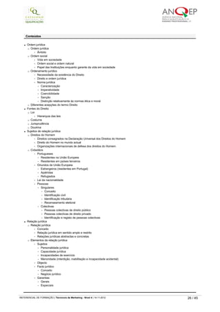 l Ordem jurídica
¡ Ordem jurídica
-   Âmbito
¡ Ordem social
-   Vida em sociedade
-   Ordem social e ordem natural
-   Papel das Instituições enquanto garante da vida em sociedade
¡ Ordenamento jurídico
-   Necessidade da existência do Direito
-   Direito e ordem jurídica
-   Norma jurídica
-   Caracterização
-   Imperatividade
-   Coercibilidade
-   Sanção
-   Distinção relativamente às normas ética e moral
¡ Diferentes acepções do termo Direito
l Fontes do Direito
¡ Lei
-   Hierarquia das leis
¡ Costume
¡ Jurisprudência
¡ Doutrina
l Sujeitos de relação jurídica
¡ Direitos do Homem
-   Direitos consagrados na Declaração Universal dos Direitos do Homem
-   Direito do Homem no mundo actual
-   Organizações internacionais de defesa dos direitos do Homem
¡ Cidadãos
-   Portugueses
-   Residentes na União Europeia
-   Residentes em países terceiros
-   Oriundos da União Europeia
-   Estrangeiros (residentes em Portugal)
-   Apátridas
-   Refugiados
-   Lei da nacionalidade
-   Pessoas
-   Singulares
-   Conceito
-   Identificação civil
-   Identificação tributária
-   Recenseamento eleitoral
-   Colectivas
-   Pessoas colectivas de direito público
-   Pessoas colectivas de direito privado
-   Identificação e registo de pessoas colectivas
l Relação jurídica
¡ Relação jurídica
-   Conceito
-   Relação jurídica em sentido amplo e restrito
-   Relações jurídicas abstractas e concretas
¡ Elementos da relação jurídica
-   Sujeitos
-   Personalidade jurídica
-   Capacidade jurídica
-   Incapacidades de exercício
-   Menoridade (interdição, inabilitação e incapacidade acidental)
-   Objecto
-   Facto jurídico
-   Conceito
-   Negócio jurídico
-   Garantias
-   Gerais
-   Especiais
 
Conteúdos
   
REFERENCIAL DE FORMAÇÃO | Técnico/a de Marketing - Nível 4 | 14-11-2012  26 / 45
 