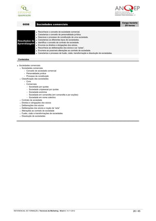 l Sociedades comerciais
¡ Sociedades comerciais
-   Conceito de sociedade comercial
-   Personalidade jurídica
-   Processo de constituição
¡ Classificação das sociedades
-   Civis
-   Comerciais
-   Sociedade por quotas
-   Sociedade unipessoal por quotas
-   Sociedade anónima
-   Sociedade em comandita (em comandita e por acções)
-   Sociedade em nome colectivo
¡ Contrato de sociedade
¡ Direitos e obrigações dos sócios
¡ Deliberações dos sócios
¡ Deliberações dos sócios e noção de “acta”
¡ Alterações ao contrato de sociedade
¡ Fusão, cisão e transformações de sociedades
¡ Dissolução de sociedades
6698 Sociedades comerciais
Carga horária
25 horas
 
Resultados da
Aprendizagem
l Reconhece o conceito de sociedade comercial.
l Caracteriza o conceito de personalidade jurídica.
l Descreve o processo de constituição de uma sociedade.
l Caracteriza os diferentes tipos de sociedades.
l Identifica o conceito de contrato de sociedade.
l Enuncia os direitos e obrigações dos sócios.
l Reconhece as deliberações dos sócios e as “actas”.
l Enumera as possíveis alterações ao contrato de sociedade.
l Caracteriza o processo de fusão, cisão, transformação e dissolução de sociedades.
 
Conteúdos
   
REFERENCIAL DE FORMAÇÃO | Técnico/a de Marketing - Nível 4 | 14-11-2012  28 / 45
 