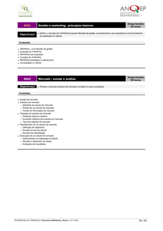 l Marketing - uma filosofia de gestão
l Evolução do marketing
l Marketing nas empresas
l Funções do marketing
l Marketing estratégico e operacional
l Centralidade no cliente
0423 Gestão e marketing - princípios básicos
Carga horária
25 horas
 
Objectivo(s) l Definir o conceito de marketing enquanto filosofia de gestão, reconhecendo a sua importância como ferramenta 
de satisfação do cliente.
 
Conteúdos
l Noção de mercado
l Estudos de mercado
¡ Definição de estudo de mercado
¡ Âmbito de um estudo de mercado
¡ Fontes de informação de mercado
l Tipologia de estudos de mercado
¡ Pesquisa interna e externa
¡ Evolução histórica dos estudos de mercado
¡ Tipos de estudos de mercado
l Planeamento de um estudo de mercado
¡ Definição de objectivos
¡ Escolha do tipo de estudo
¡ Escolha da metodologia
l Execução de um estudo de mercado
¡ Intervenientes na realização do estudo
¡ Recolha e tratamento de dados
¡ Avaliação dos resultados
0424 Mercado - estudo e análise
Carga horária
50 horas
 
Objectivo(s) l Planear e executar estudos de mercado e analisar os seus resultados.
 
Conteúdos
   
REFERENCIAL DE FORMAÇÃO | Técnico/a de Marketing - Nível 4 | 14-11-2012  35 / 45
 