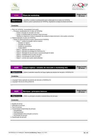 l Plano de marketing - necessidades e princípios
¡ Principais necessidades de um plano de marketing
-   Avaliar a situação do mercado e do meio
-   Avaliar a competitividade da empresa e seus princípios
-   Planificar os objectivos e meios e adaptação das acções de desenvolvimento e das acções correctivas
l Operacionalização do plano de marketing
¡ Etapas do desenvolvimento do plano operacional de marketing
-   Etapa 1 - análise da situação interna e externa
-   Situação do negócio
-   Actuação da empresa
-   Análise da concorrência
-   Análise SWOT
-   Etapa 2 - definição dos objectivos do plano
-   Etapa 3 - definição da estratégia de marketing mix
-   Etapa 4 - afectação de recursos para a operacionalização do plano
-   Etapa 5 - estabelecimento do plano de acção
-   Etapa 6 - concretização do plano de acção
-   Etapa 7 - controlo das acções desencadeadas
0366 Plano de marketing
Carga horária
50 horas
 
Objectivo(s) l Identificar e analisar os pressupostos para a elaboração de um plano de marketing.
l Elaborar planos operacionais de marketing, respeitando as etapas de desenvolvimento.
 
Conteúdos
l Linguagem básica aplicada aos estudos de mercado e marketing mix
l Linguagem técnica da área profissional
0428 Língua inglesa - estudos de mercado e marketing mix
Carga horária
50 horas
 
Objectivo(s) l Aplicar vocabulário específico da língua inglesa aos estudos de mercado e marketing mix.
 
Conteúdos
l Noções de serviço
l Definições de serviços
l Tipos de serviços
l Características fundamentais dos serviços
¡ Intangibilidade
¡ Heterogeneidade
¡ Inseparabilidade entre produção e consumo
¡ Diversidade de serviços
l Classificação de serviços
0429 Serviços - princípios básicos
Carga horária
25 horas
 
Objectivo(s) l Definir os principais conceitos e características dos serviços.
 
Conteúdos
   
REFERENCIAL DE FORMAÇÃO | Técnico/a de Marketing - Nível 4 | 14-11-2012  38 / 45
 