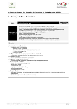 4. Desenvolvimento das Unidades de Formação de Curta Duração (UFCD)
4.1. Formação de Base - Sociocultural
l Organização do Estado Democrático
¡ O Estado de Direito – a Constituição
-   A génese da nossa Constituição
-   A prevalência da Lei Fundamental face a outras normas ou leis
-   Princípios, direitos e garantias
-   Organização política
l Os Órgãos de Soberania – sua composição, competências e interligação
¡ Presidência da República, Assembleia da República, Governo e Tribunais
l A Administração Pública
¡ Algumas competências a nível central, regional e local
l Integração de Portugal na União Europeia
¡ Principais motivações do pedido de adesão e implicações decorrentes da integração
l A Europa, o cidadão e o trabalho
¡ Estados-Membros: sucessivos alargamentos
¡ Mercado Único Europeu
¡ Adesão à moeda única
¡ Os principais Tratados da União Europeia
¡ As instituições europeias
¡ O cidadão/profissional europeu
l A Europa e o Mundo
¡ As principais organizações internacionais: organizações intergovernamentais (ONU, OTAN, entre outras) e organizações não 
governamentais
¡ Nível de intervenção na resolução de problemas mundiais
6651 Portugal e a Europa
Carga horária
50 horas
 
Resultados da
Aprendizagem
l Reconhece a Constituição como Lei Fundamental do Estado de Direito português.
l Demonstra o conhecimento da hierarquia e das competências dos órgãos de soberania.
l Explicita a interdependência entre governantes e governados no contexto das sociedades democráticas.
l Lida de forma cooperante com os outros, assumindo as regras do jogo democrático.
l Indica os objectivos da adesão de Portugal à União Europeia.
l Justifica a criação da União Europeia.
l Refere as diferentes etapas da construção europeia.
l Distingue os diferentes Tratados.
l Caracteriza as principais instituições da União Europeia.
l Reconhece a importância de organizações internacionais na resolução de problemas globais.
l Identifica diferentes tipos de organizações internacionais e explicita as funções das principais.
 
Conteúdos
   
REFERENCIAL DE FORMAÇÃO | Técnico/a de Marketing - Nível 4 | 14-11-2012  7 / 45
 