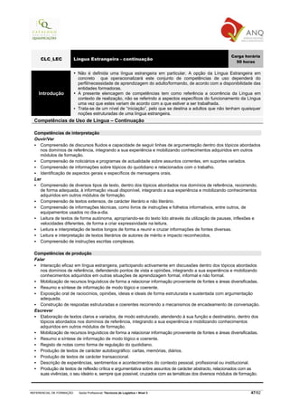 Carga horária
     CLC_LEC              Língua Estrangeira - continuação
                                                                                                           50 horas

                           Não é definida uma língua estrangeira em particular. A opção da Língua Estrangeira em
                           concreto que operacionalizará este conjunto de competências de uso dependerá do
                           perfil/necessidade de aprendizagem do adulto/formando, de acordo com a disponibilidade das
                           entidades formadoras.
    Introdução             A presente elencagem de competências tem como referência a ocorrência da Língua em
                           contexto de realização, não se referindo a aspectos específicos do funcionamento da Língua
                           uma vez que estes variam de acordo com a que estiver a ser trabalhada.
                           Trata-se de um nível de “iniciação”, pelo que se destina a adultos que não tenham quaisquer
                           noções estruturadas de uma língua estrangeira.
  Competências de Uso de Língua – Continuação

  Competências de interpretação
  Ouvir/Ver
     Compreensão de discursos fluidos e capacidade de seguir linhas de argumentação dentro dos tópicos abordados
     nos domínios de referência, integrando a sua experiência e mobilizando conhecimentos adquiridos em outros
     módulos de formação.
     Compreensão de noticiários e programas de actualidade sobre assuntos correntes, em suportes variados.
     Compreensão de informações sobre tópicos do quotidiano e relacionados com o trabalho.
     Identificação de aspectos gerais e específicos de mensagens orais.
  Ler
     Compreensão de diversos tipos de texto, dentro dos tópicos abordados nos domínios de referência, recorrendo,
     de forma adequada, à informação visual disponível, integrando a sua experiência e mobilizando conhecimentos
     adquiridos em outros módulos de formação.
     Compreensão de textos extensos, de carácter literário e não literário.
     Compreensão de informações técnicas, como livros de instruções e folhetos informativos, entre outros, de
     equipamentos usados no dia-a-dia.
     Leitura de textos de forma autónoma, apropriando-se do texto lido através da utilização de pausas, inflexões e
     velocidades diferentes, de forma a criar expressividade na leitura.
     Leitura e interpretação de textos longos de forma a reunir e cruzar informações de fontes diversas.
     Leitura e interpretação de textos literários de autores de mérito e impacto reconhecidos.
     Compreensão de instruções escritas complexas.

  Competências de produção
  Falar
     Interacção eficaz em língua estrangeira, participando activamente em discussões dentro dos tópicos abordados
     nos domínios de referência, defendendo pontos de vista e opiniões, integrando a sua experiência e mobilizando
     conhecimentos adquiridos em outras situações de aprendizagem formal, informal e não formal.
     Mobilização de recursos linguísticos de forma a relacionar informação proveniente de fontes e áreas diversificadas.
     Resumo e síntese de informação de modo lógico e coerente.
     Exposição oral de raciocínios, opiniões, ideias e ideais de forma estruturada e sustentada com argumentação
     adequada.
     Construção de respostas estruturadas e coerentes recorrendo a mecanismos de encadeamento de conversação.
  Escrever
     Elaboração de textos claros e variados, de modo estruturado, atendendo à sua função e destinatário, dentro dos
     tópicos abordados nos domínios de referência, integrando a sua experiência e mobilizando conhecimentos
     adquiridos em outros módulos de formação.
     Mobilização de recursos linguísticos de forma a relacionar informação proveniente de fontes e áreas diversificadas.
     Resumo e síntese de informação de modo lógico e coerente.
     Registo de notas como forma de regulação do quotidiano.
     Produção de textos de carácter autobiográfico: cartas, memórias, diários.
     Produção de textos de carácter transaccional.
     Descrição de experiências, sentimentos e acontecimentos do contexto pessoal, profissional ou institucional.
     Produção de textos de reflexão crítica e argumentativa sobre assuntos de carácter abstracto, relacionados com as
     suas vivências, o seu ideário e, sempre que possível, cruzados com as temáticas dos diversos módulos de formação.



REFERENCIAL DE FORMAÇÃO     Saída Profissional: Técnico/a de Logística   Nível 3                                   47/82
 